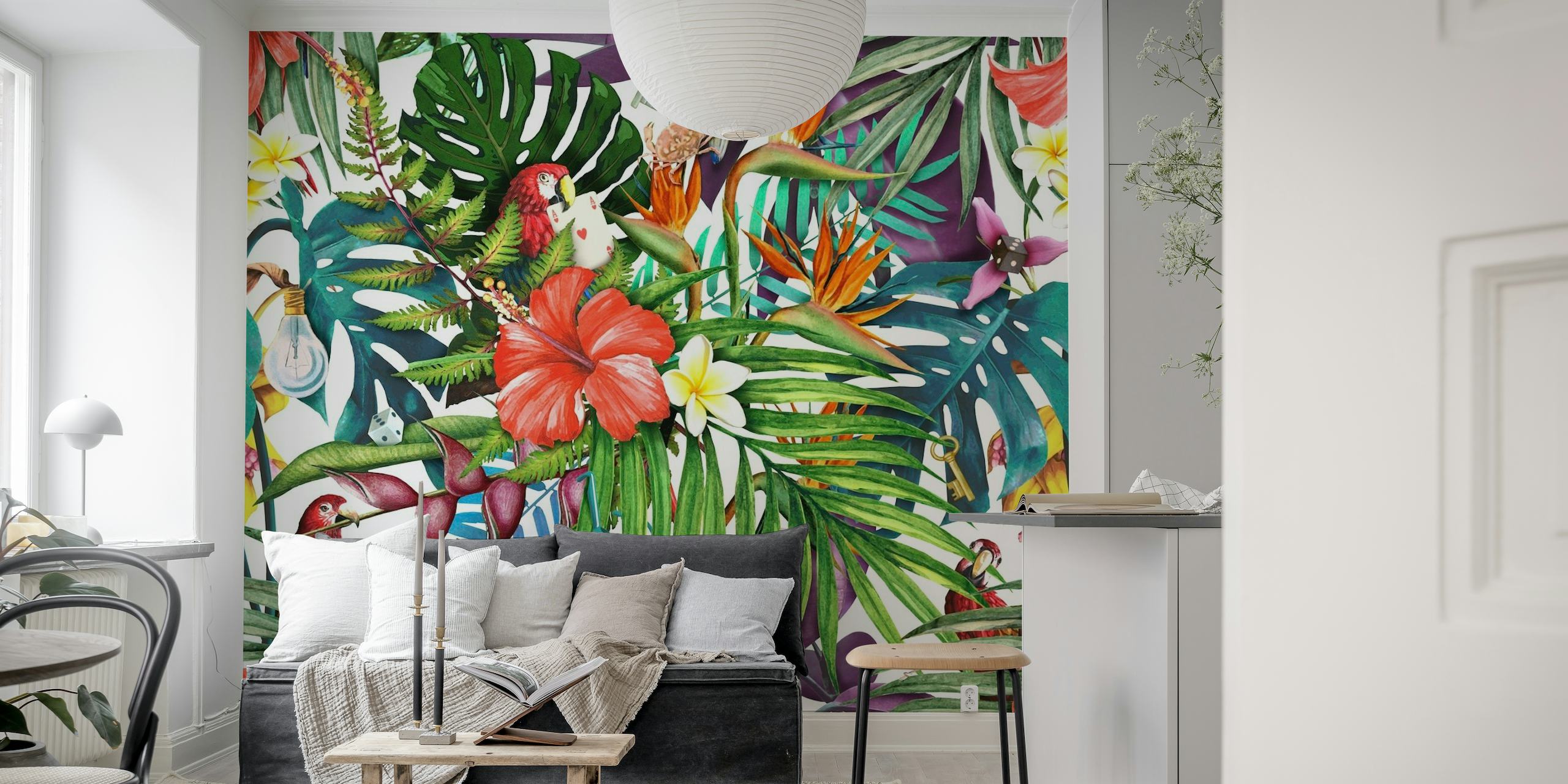 Tropisk junglevægmaleri med livlige blomster og frodigt løv