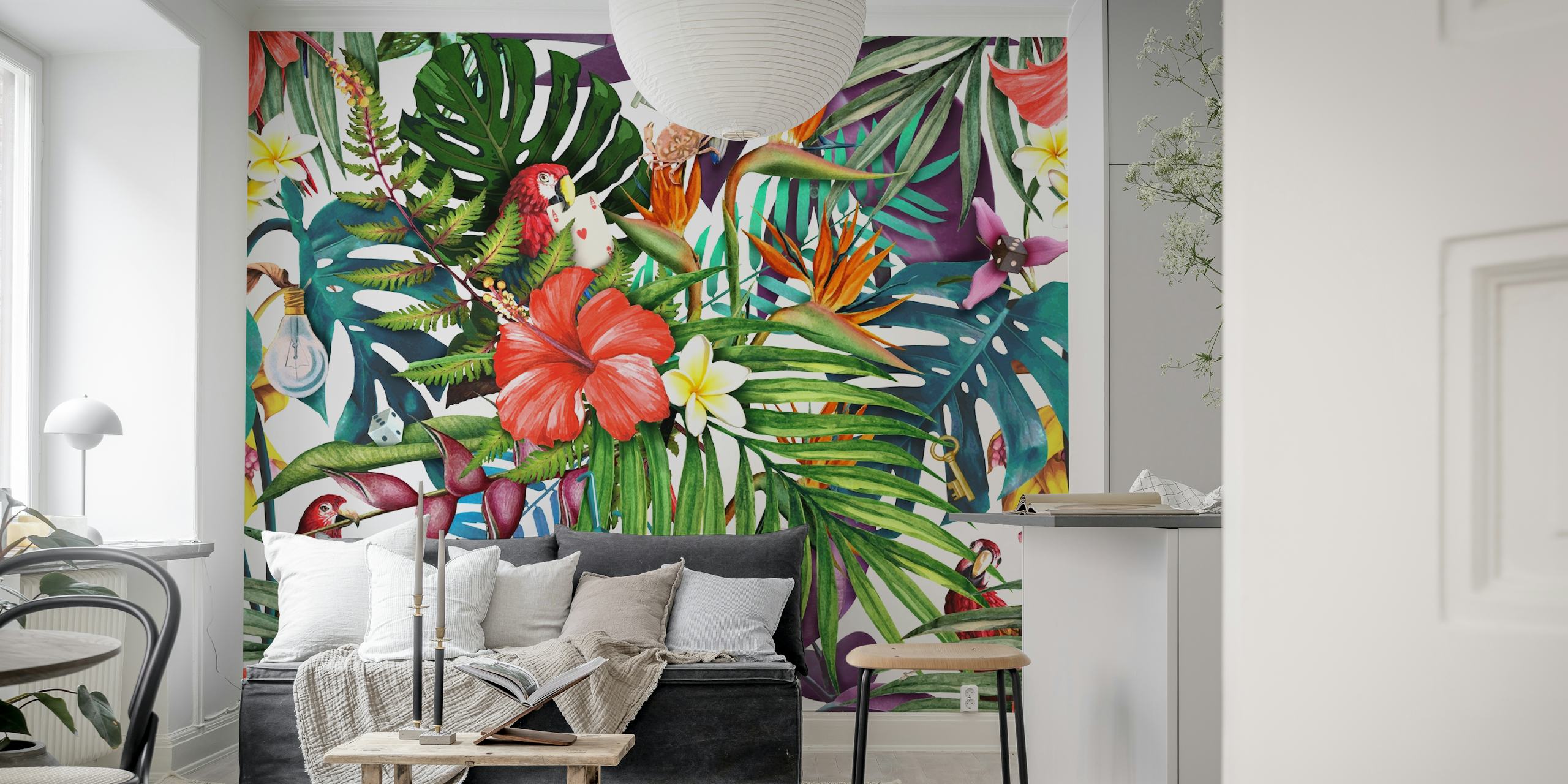 Tropical floral wallpaper featuring vivid flowers, green leaves, and colorful birds