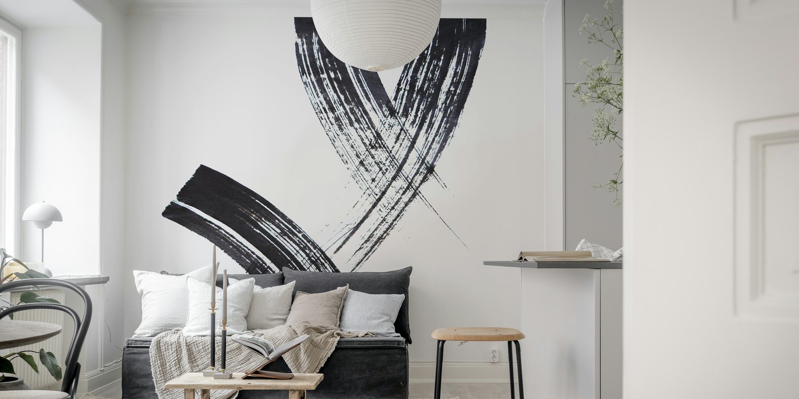 Abstract zwart-wit met elkaar verweven penseelstreken muurschildering