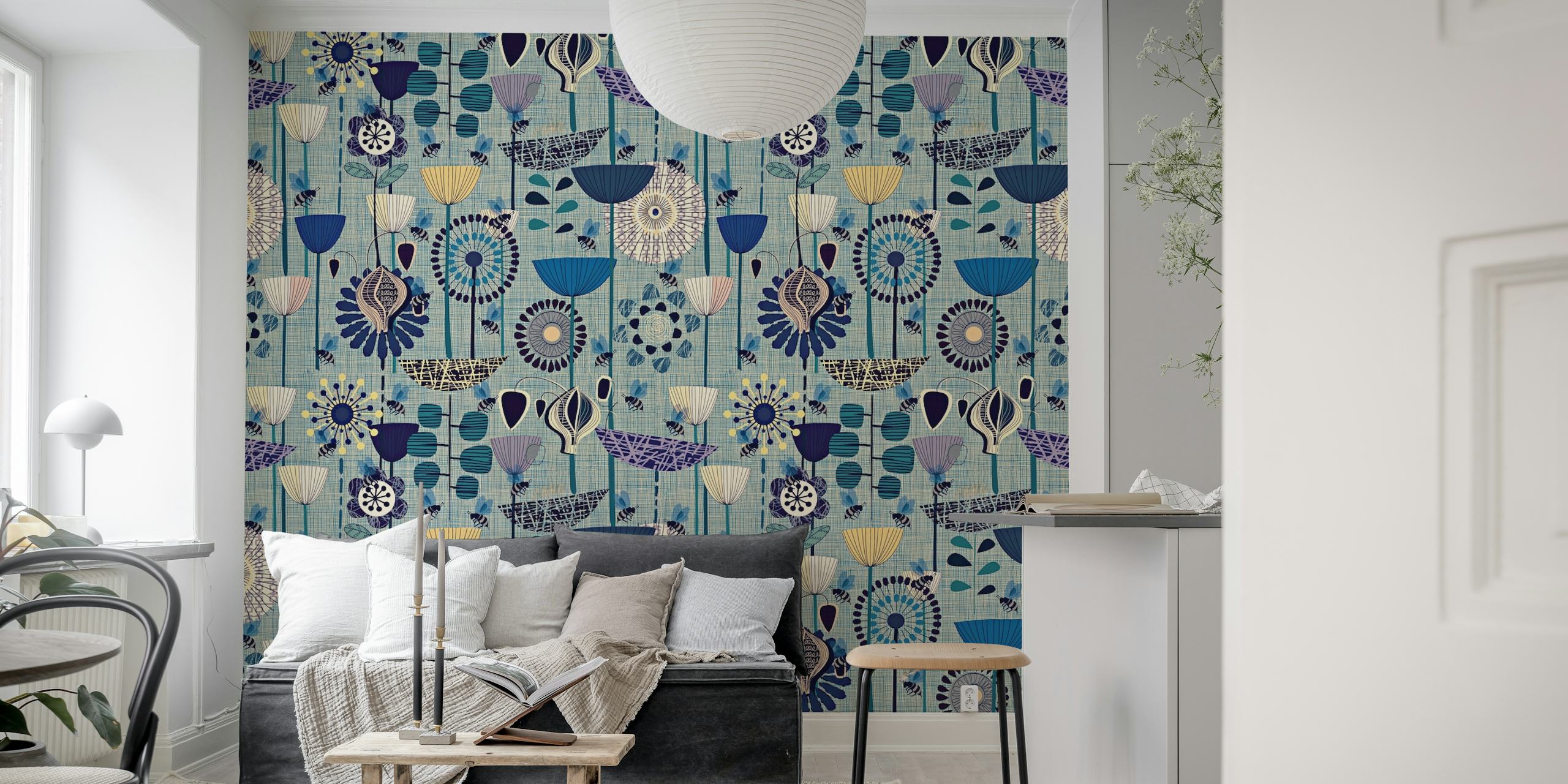 Navy floral wallpaper with bees pattern