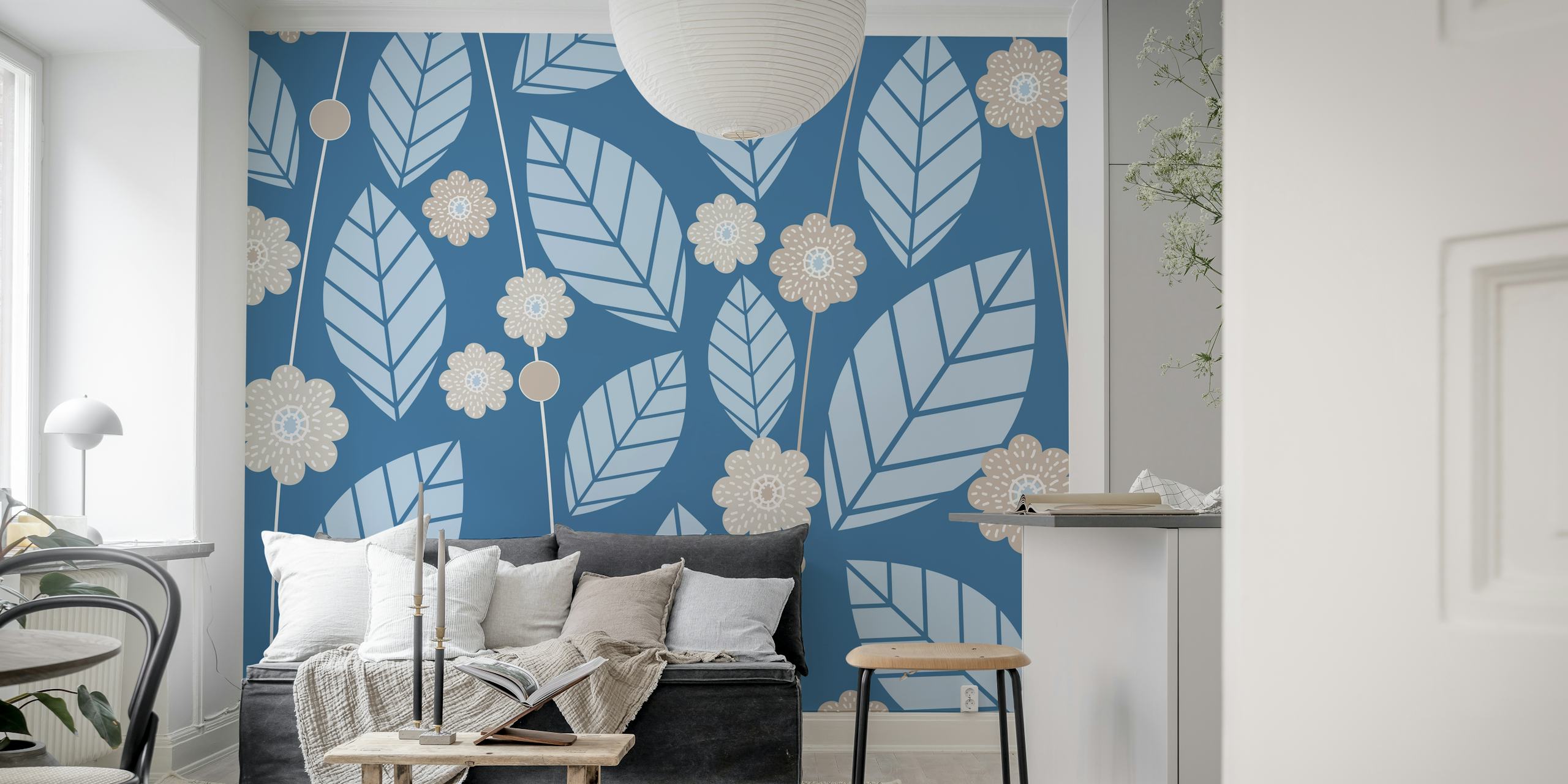 Carta da parati con motivo di foglie blu pastello e fiori bianchi su sfondo blu