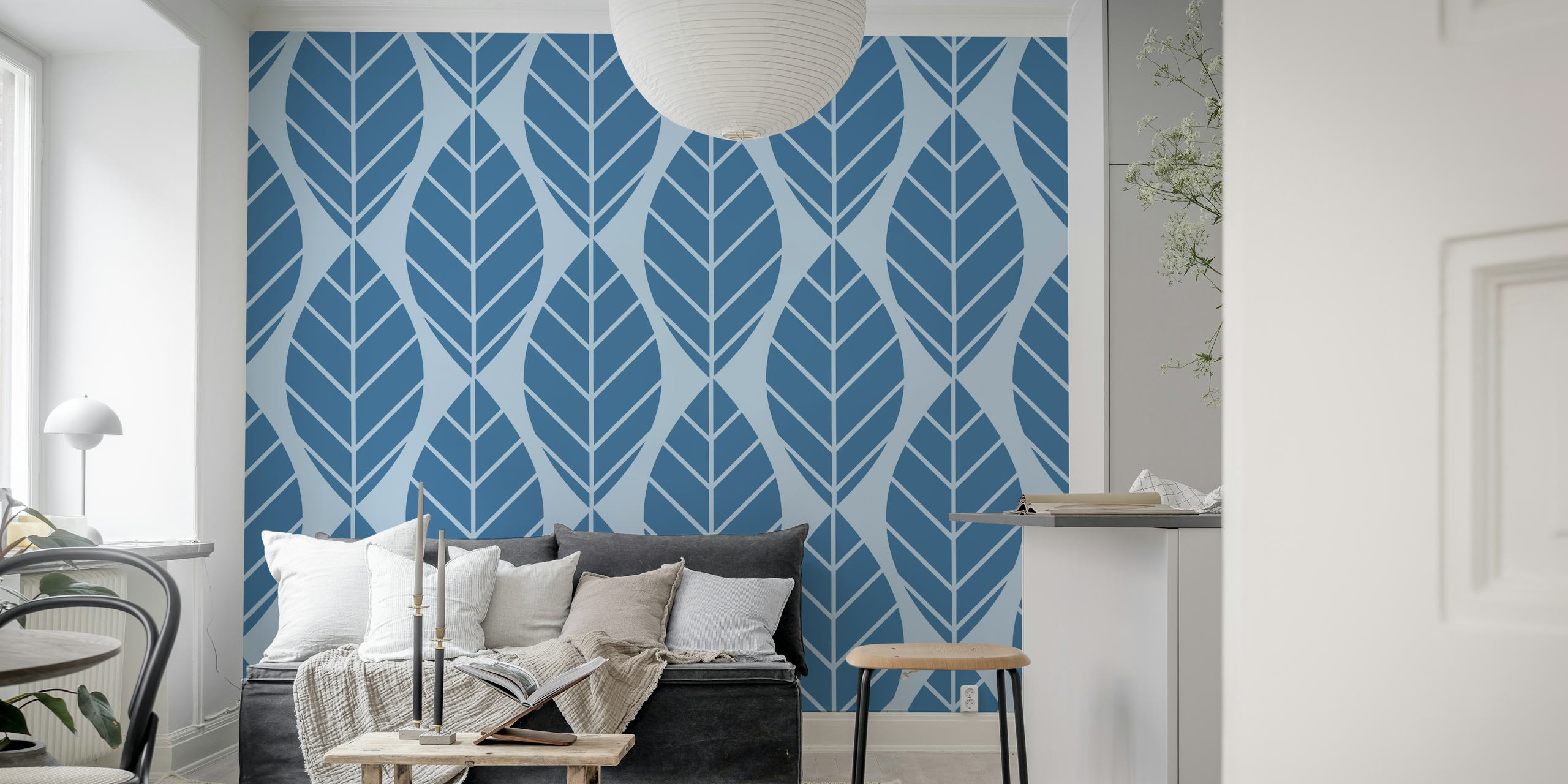 Stylized blue leaves pattern on soft blue background wallpaper