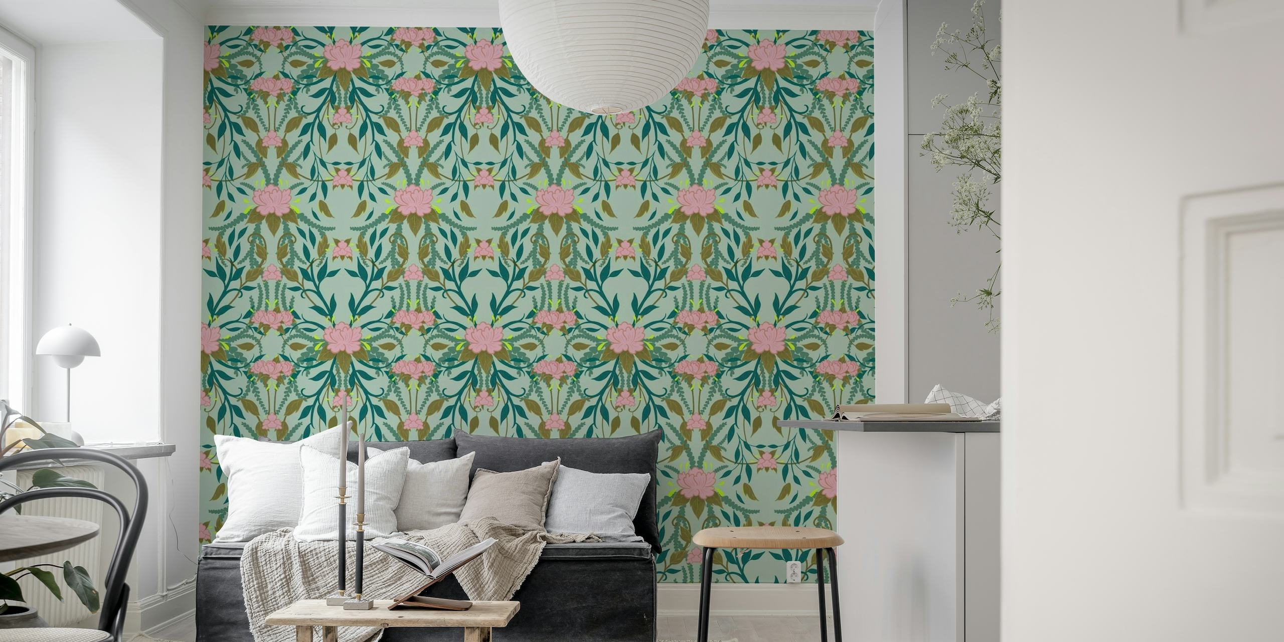 Art Nouveau inspired peony wall mural with soft pink blossoms and green foliage pattern