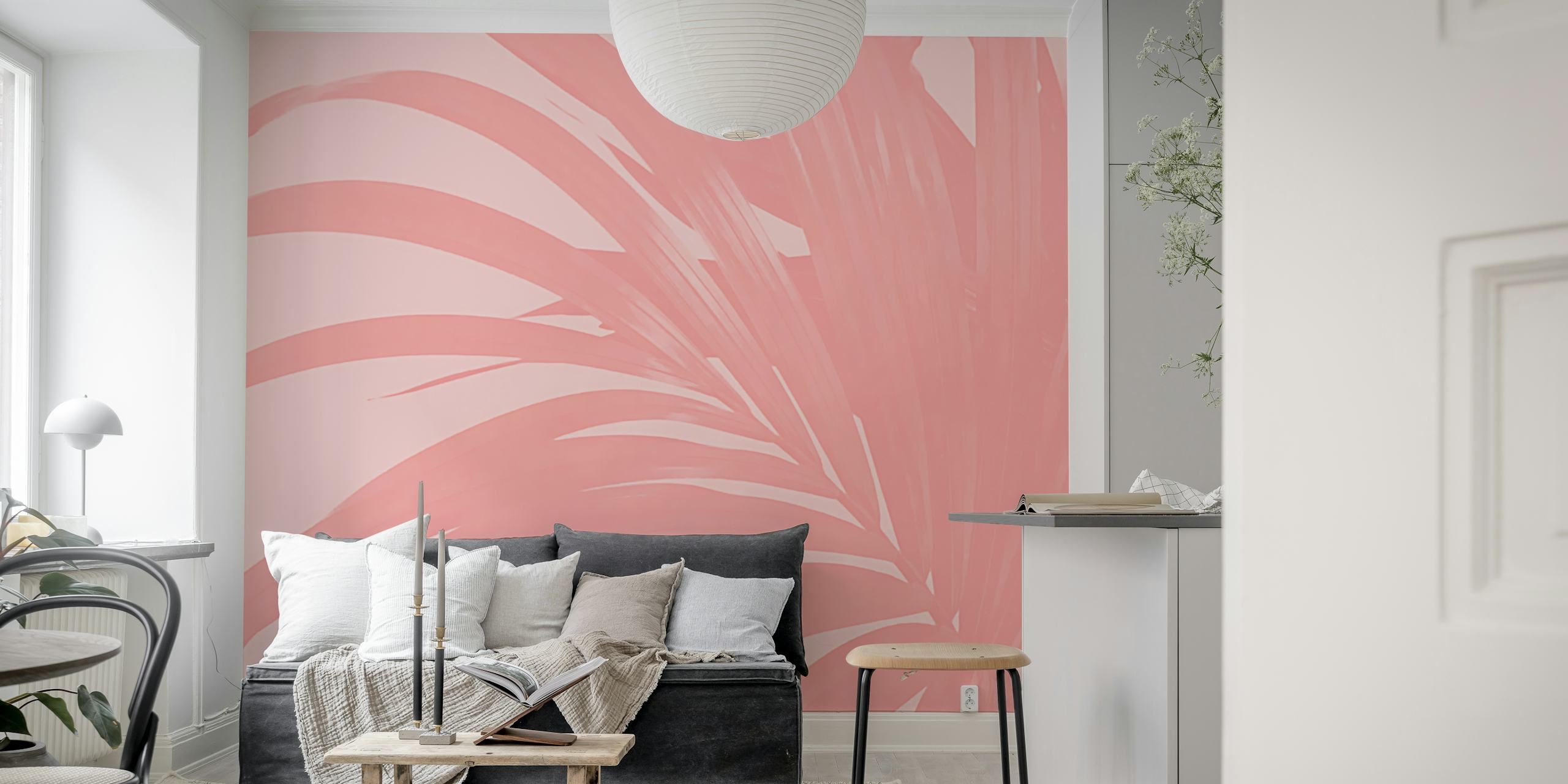 Illustrasjon av rosa palmebladmønster for et veggmaleri