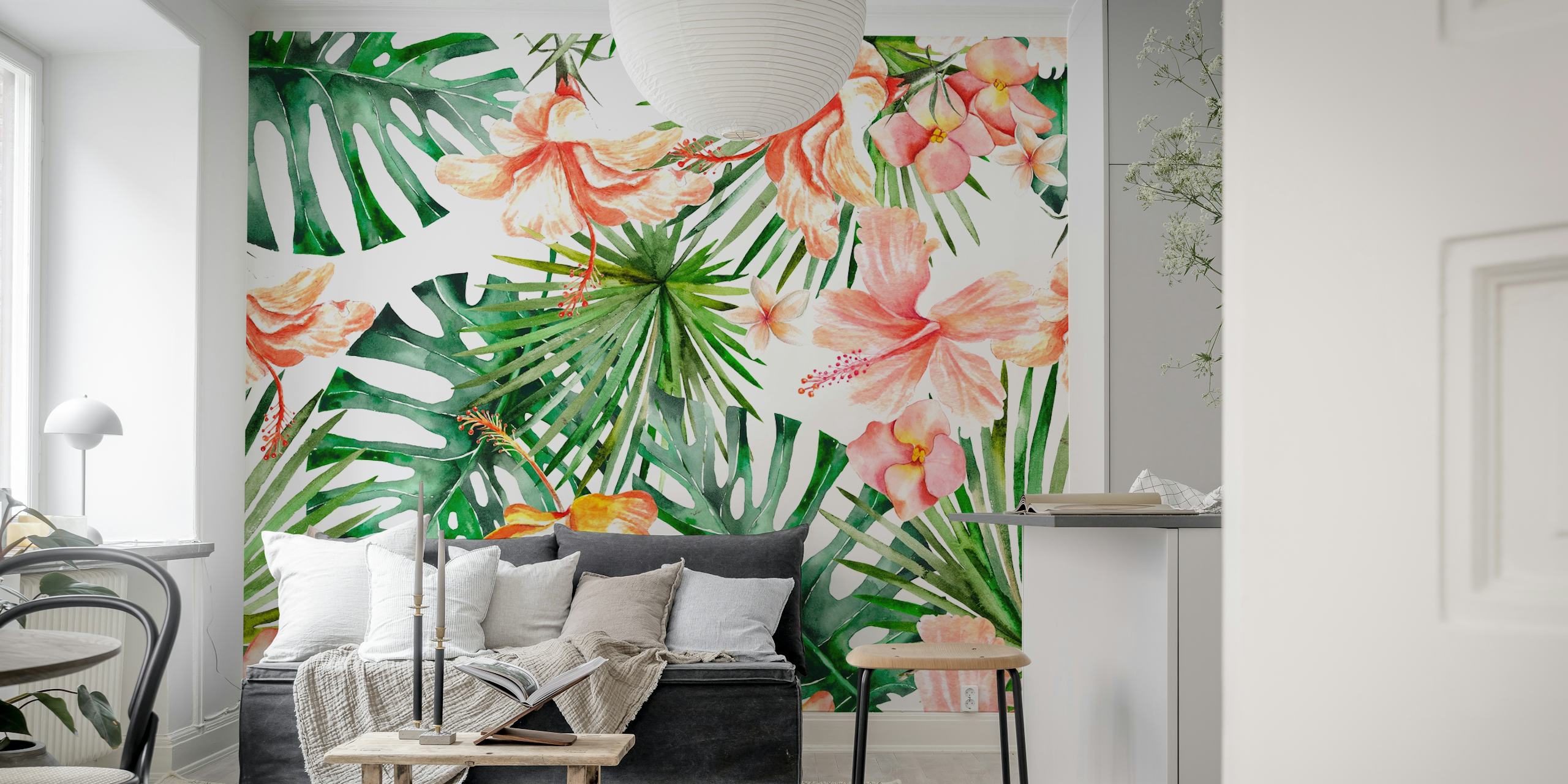 Tropical hibiscus flowers and green leaves wallpaper