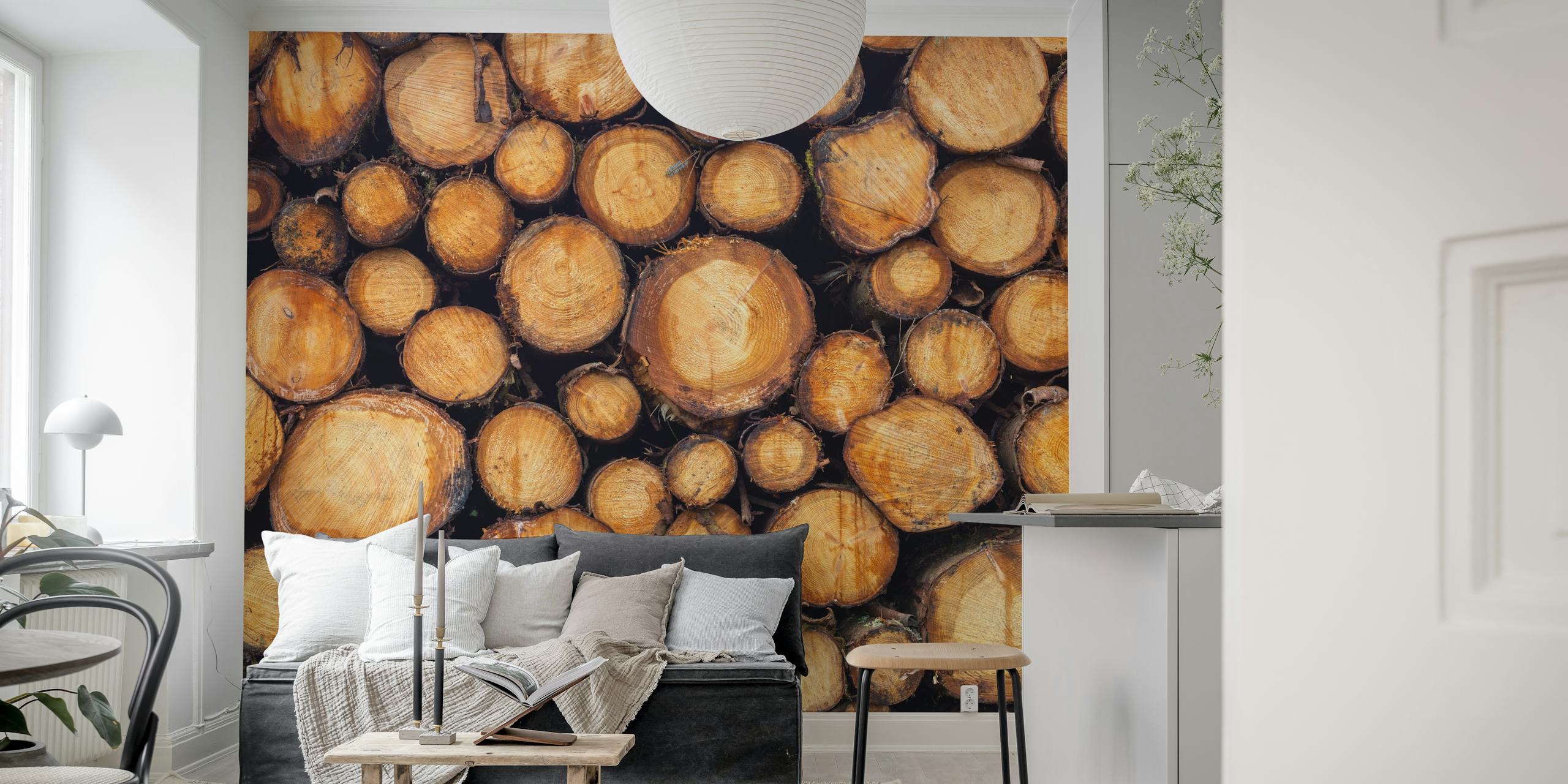Close-up texture of stacked wood logs wall mural