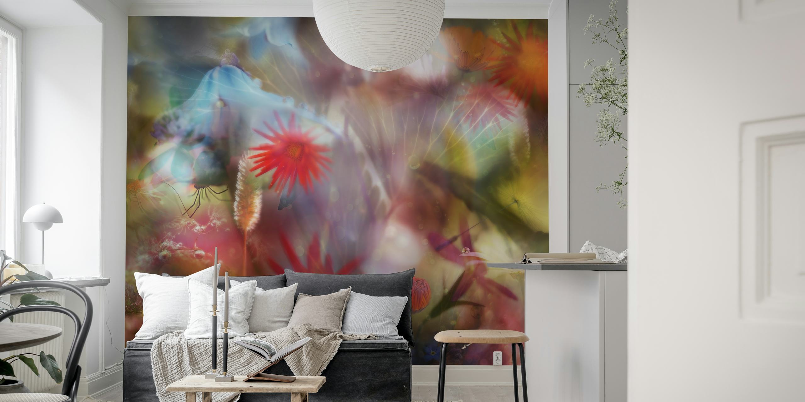 Colorful floral patterns with red, blue, and purple hues wallpaper