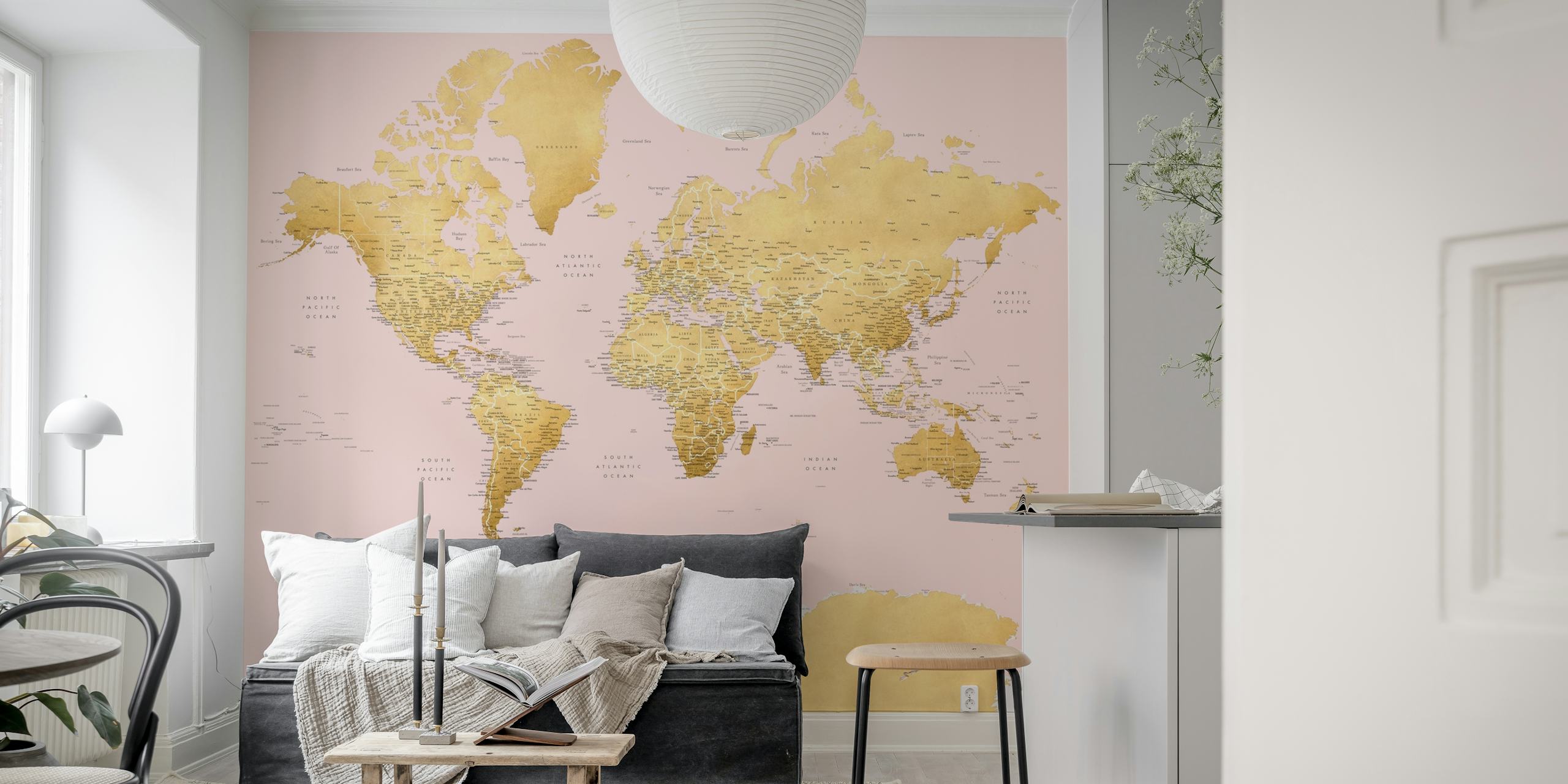 Gold and pink world map wall mural with detailed continents