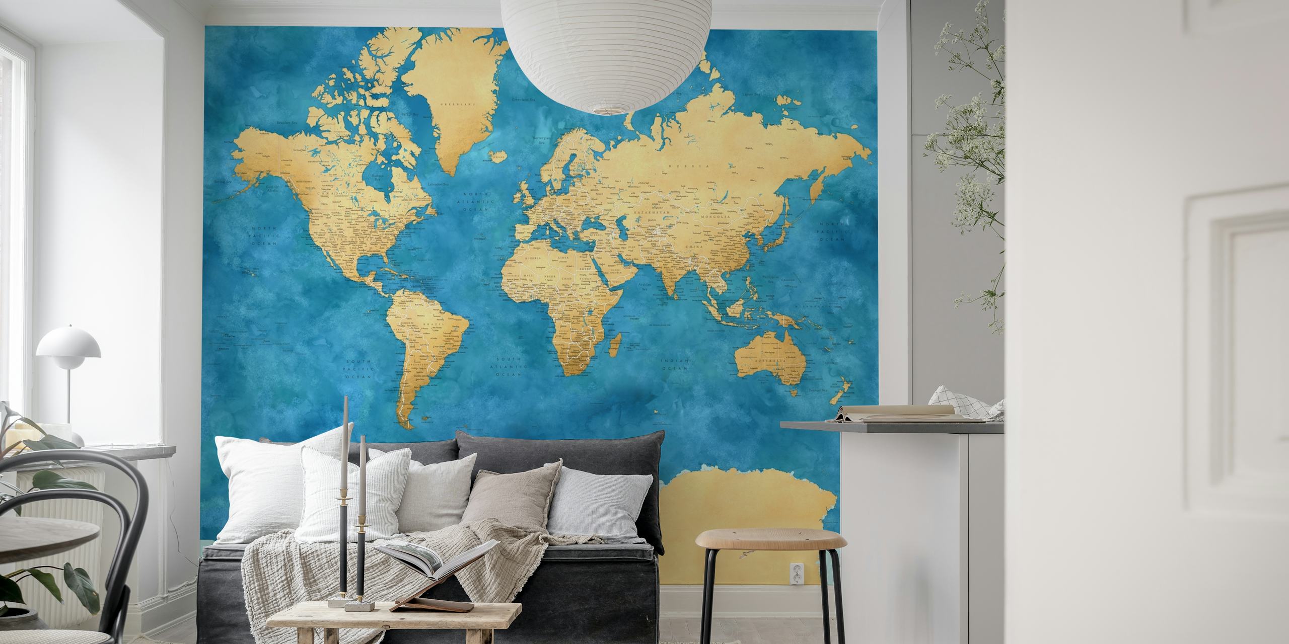 World map wallpaper in a room setting