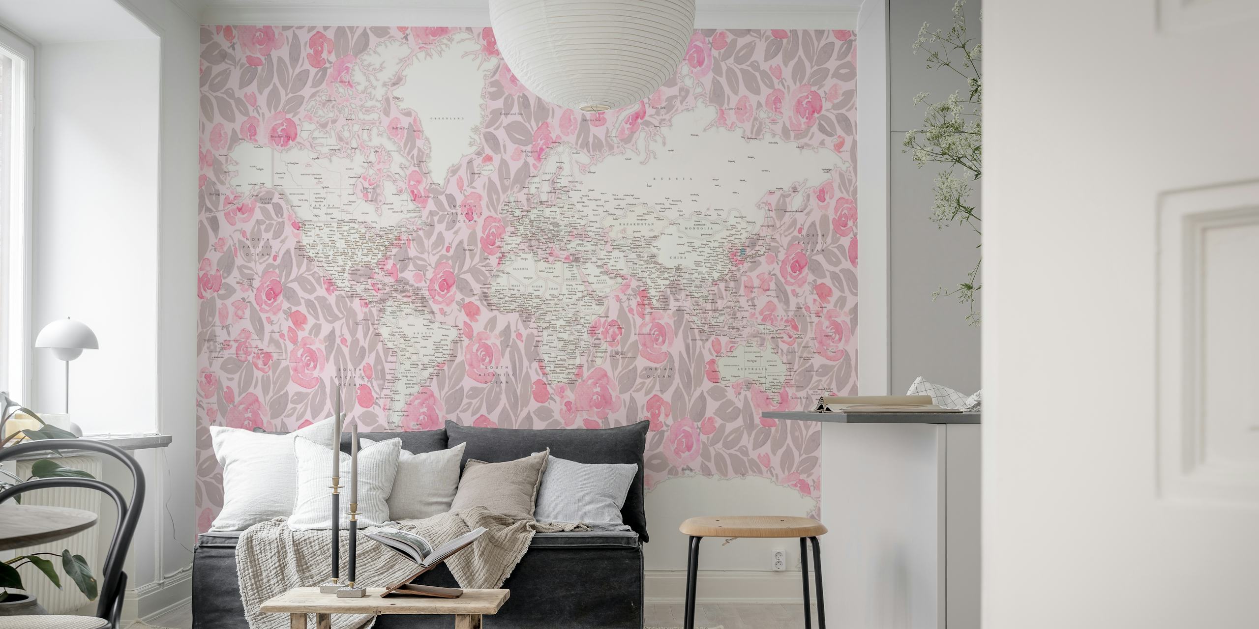 Fototapeta Stylizovaná mapa světa se zaměřením na Antarktidu, zdobená růžovými a bílými vzory