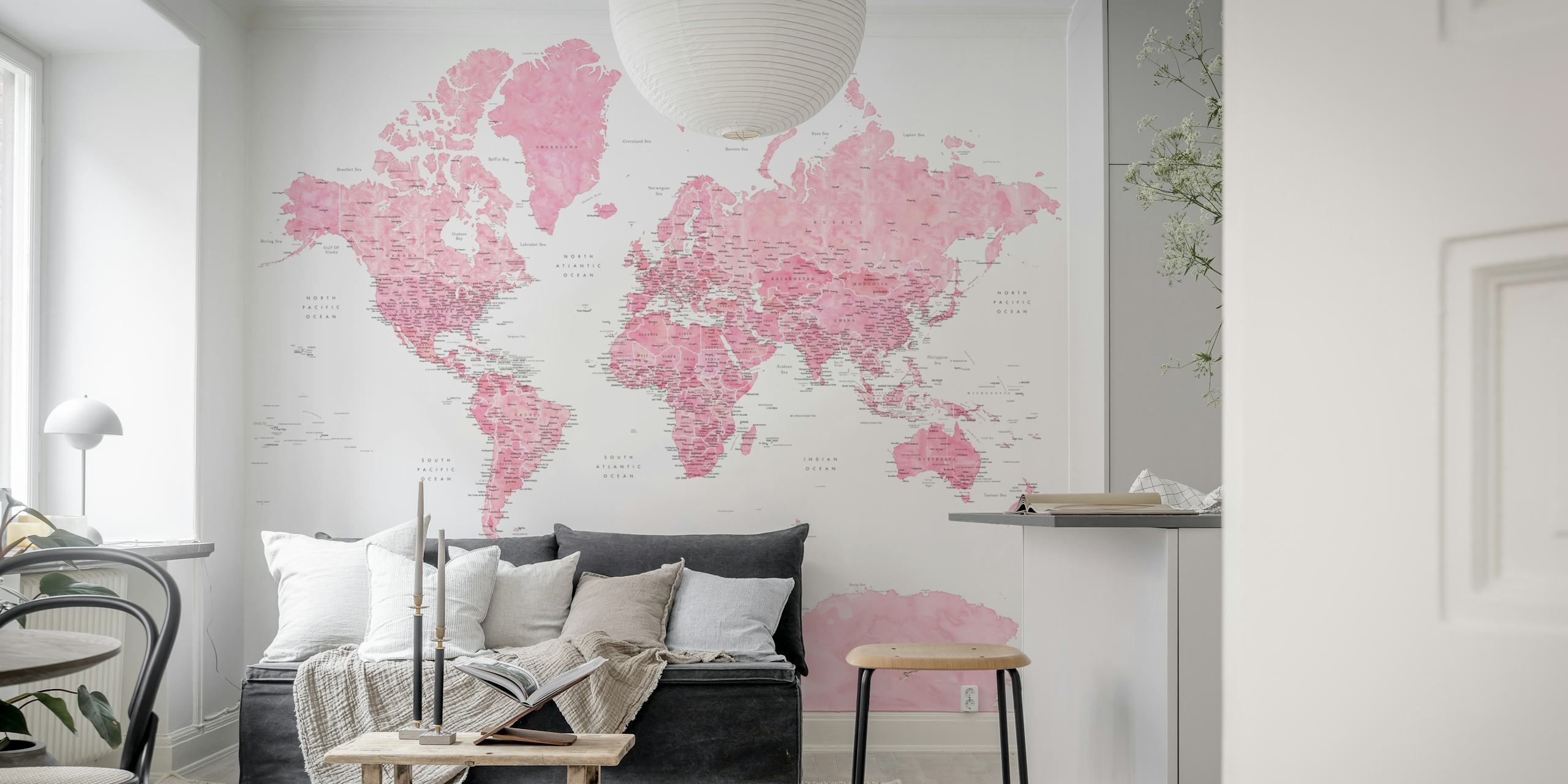 Elegant pink world map wall mural with highlighted Antarctica