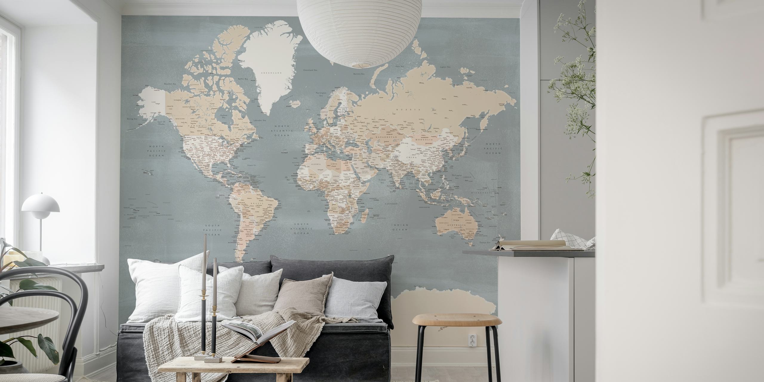 World map in muted beige and grey tones wallpaper