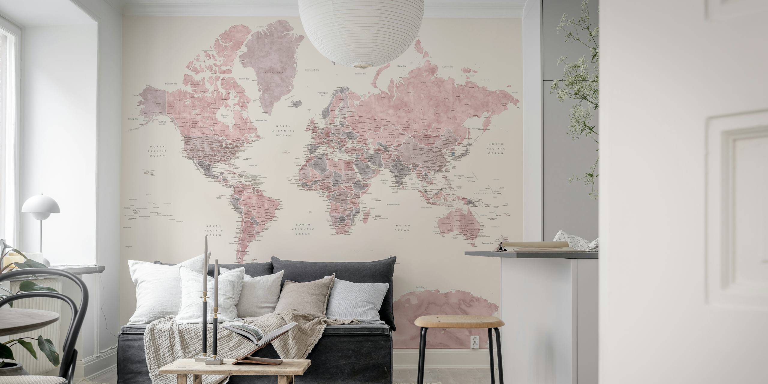 Soft pink world map with Antarctica wall mural for interior decoration