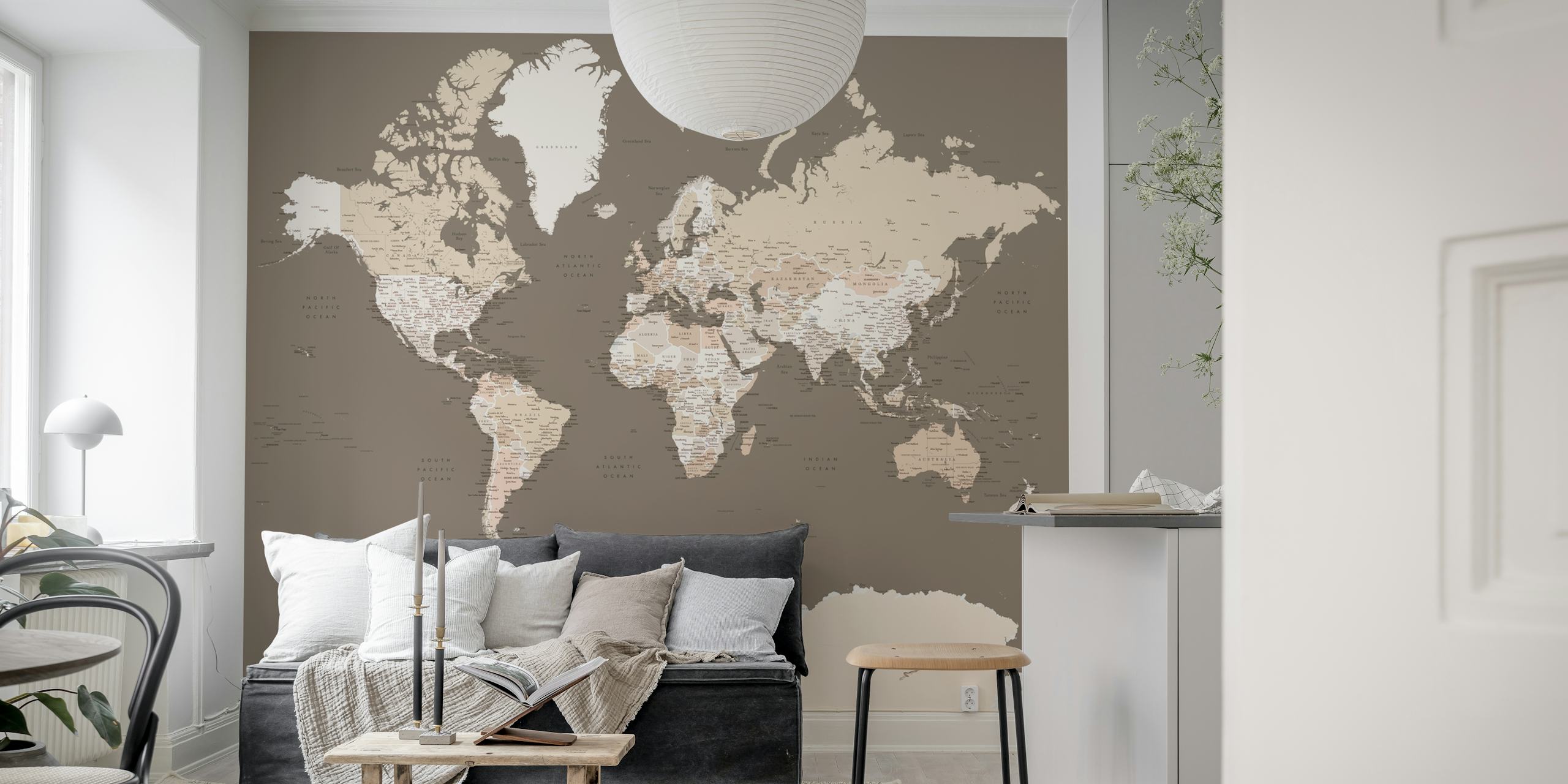 Antique-style world map wall mural in warm earth tones with a focus on Antarctica
