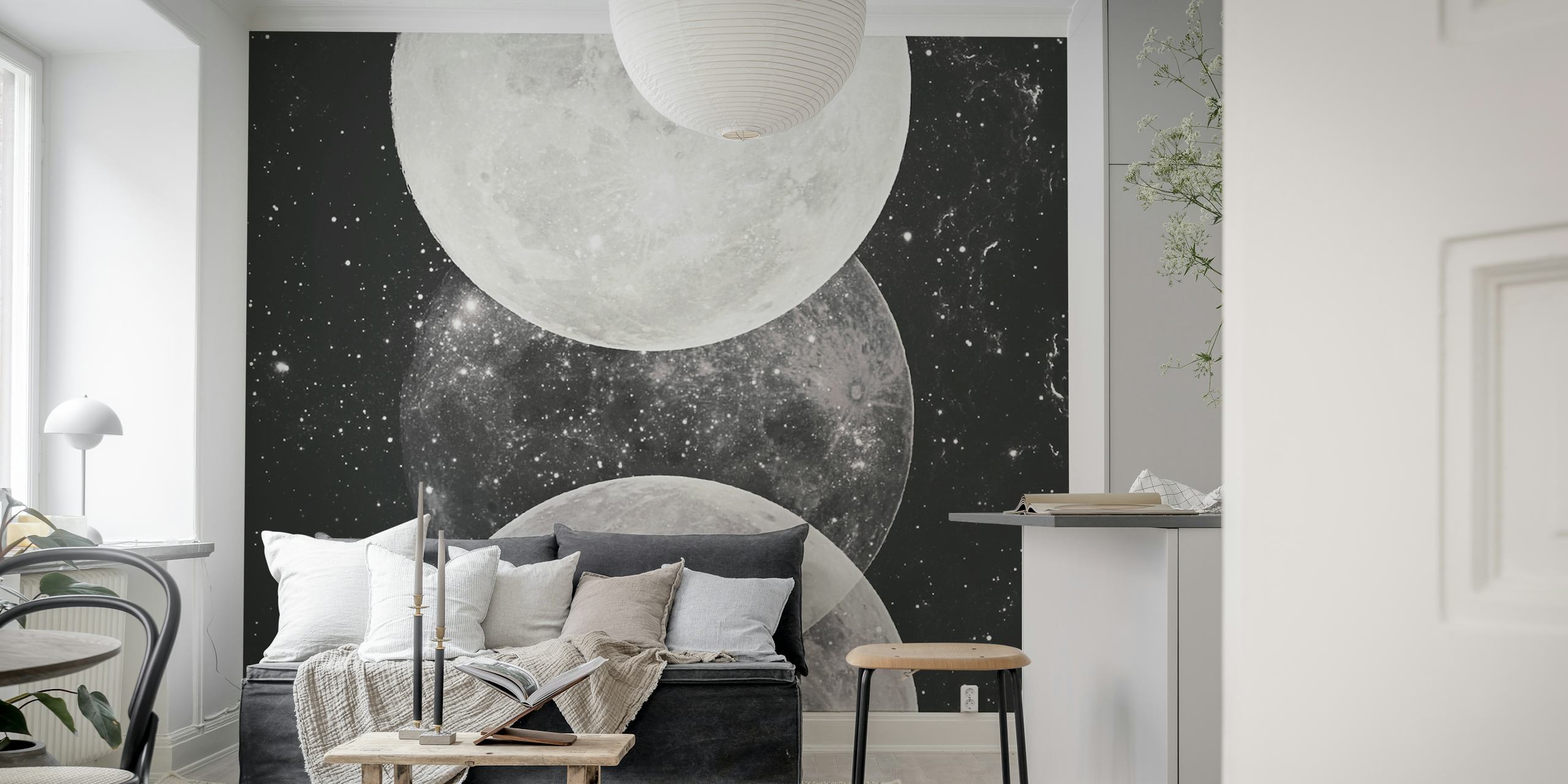 Monochromatic moon phases against a starry sky wall mural