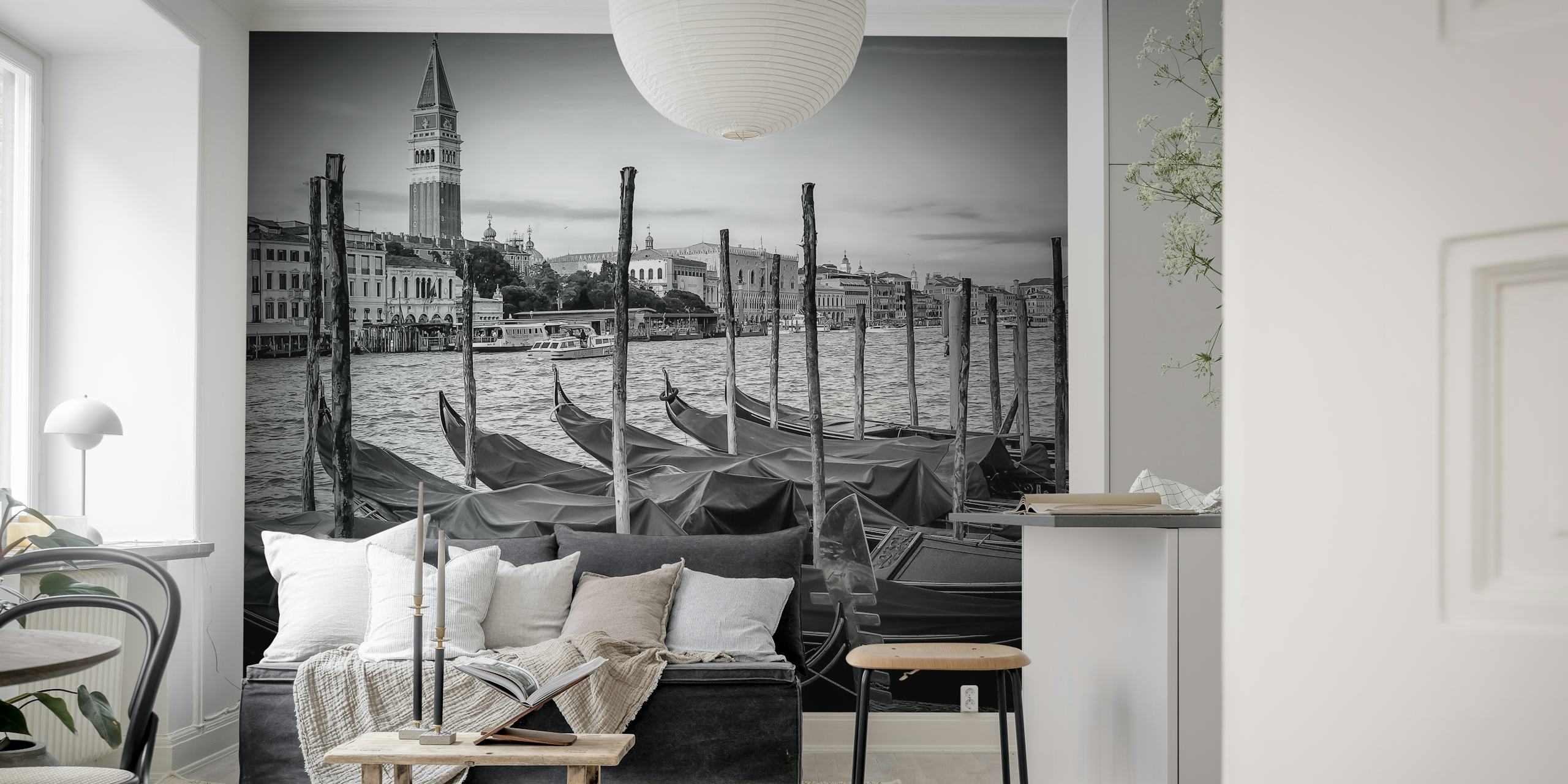 Black and white wall mural of Venice Grand Canal with gondolas and historic architecture
