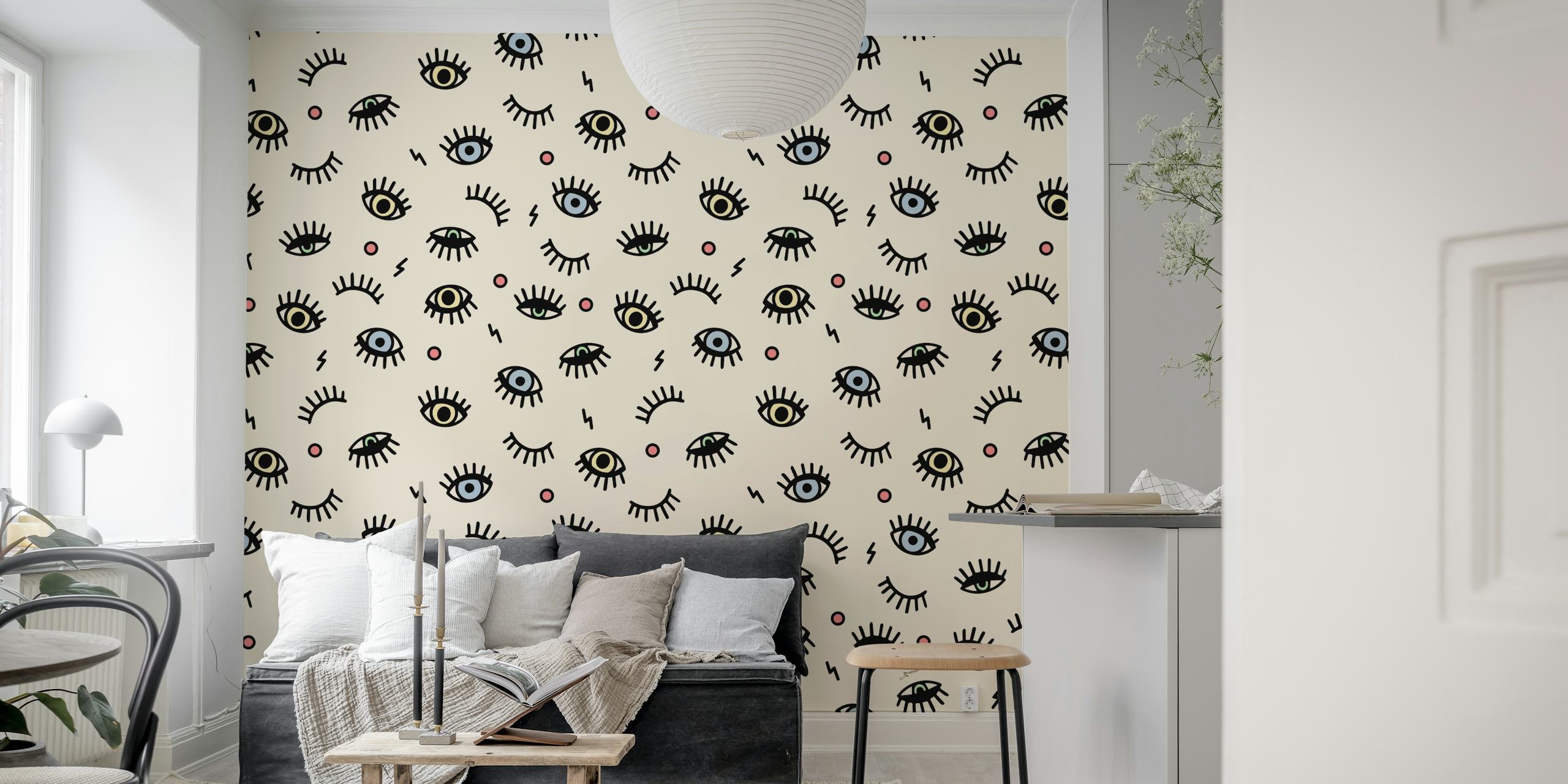 Colorful eye patterns on a beige background wallpaper