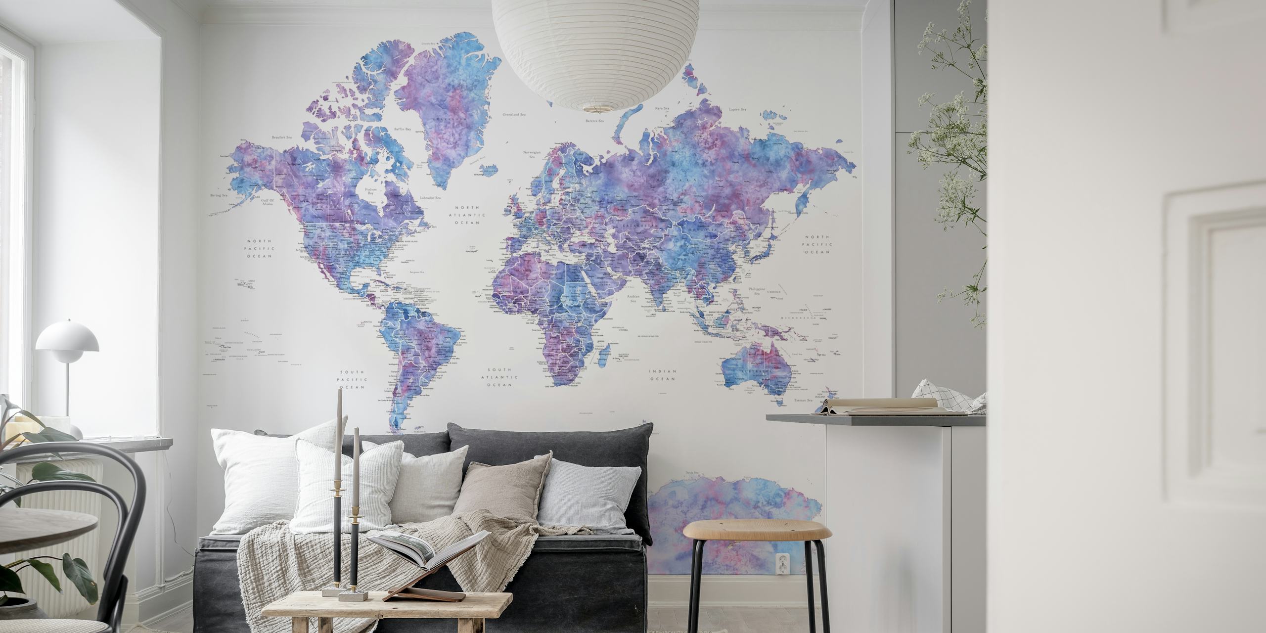World Map Raul Antarctica wall mural with purple and blue hues