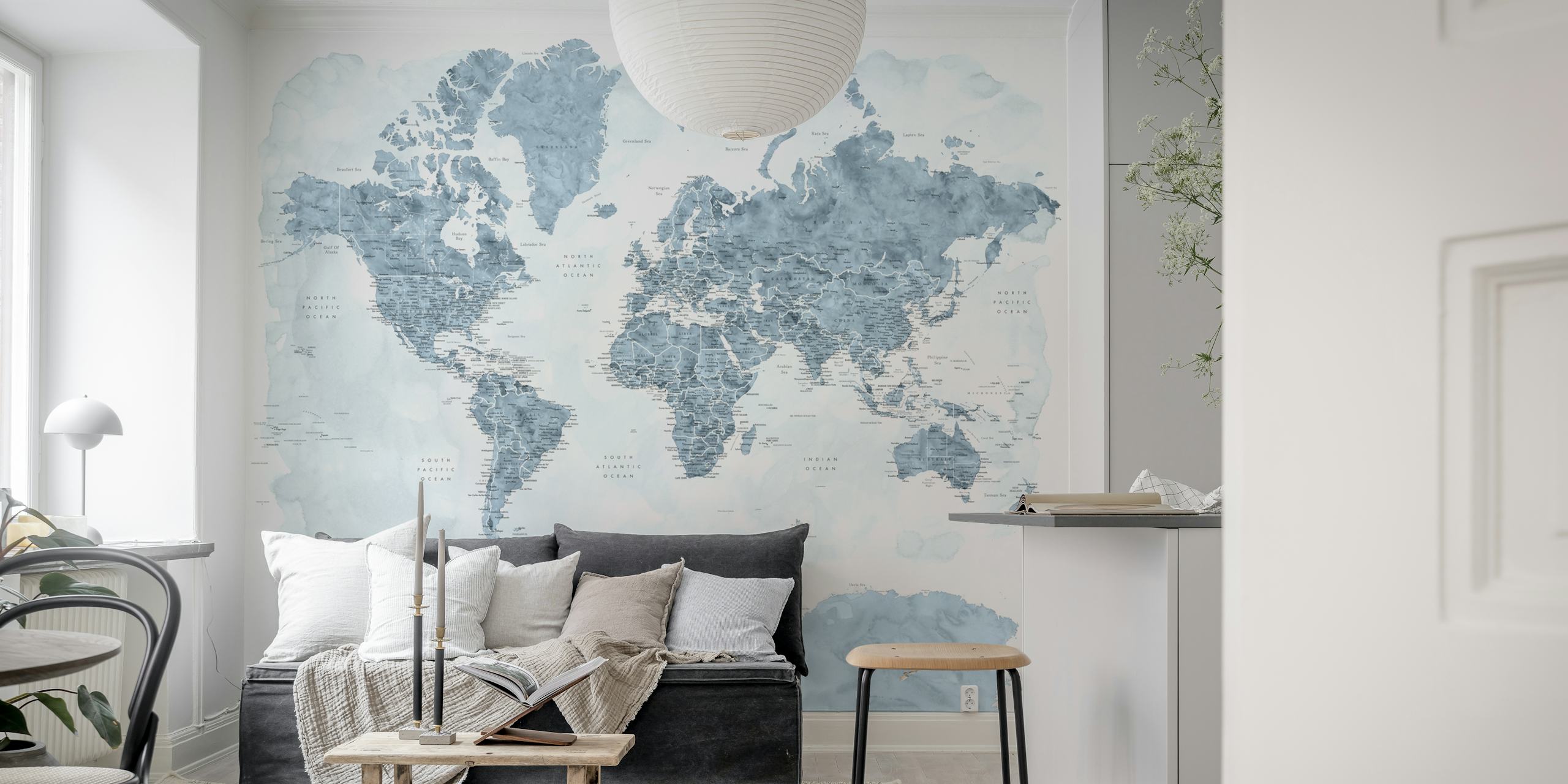 Stylized world map wall mural with pastel shades and Antarctica highlight