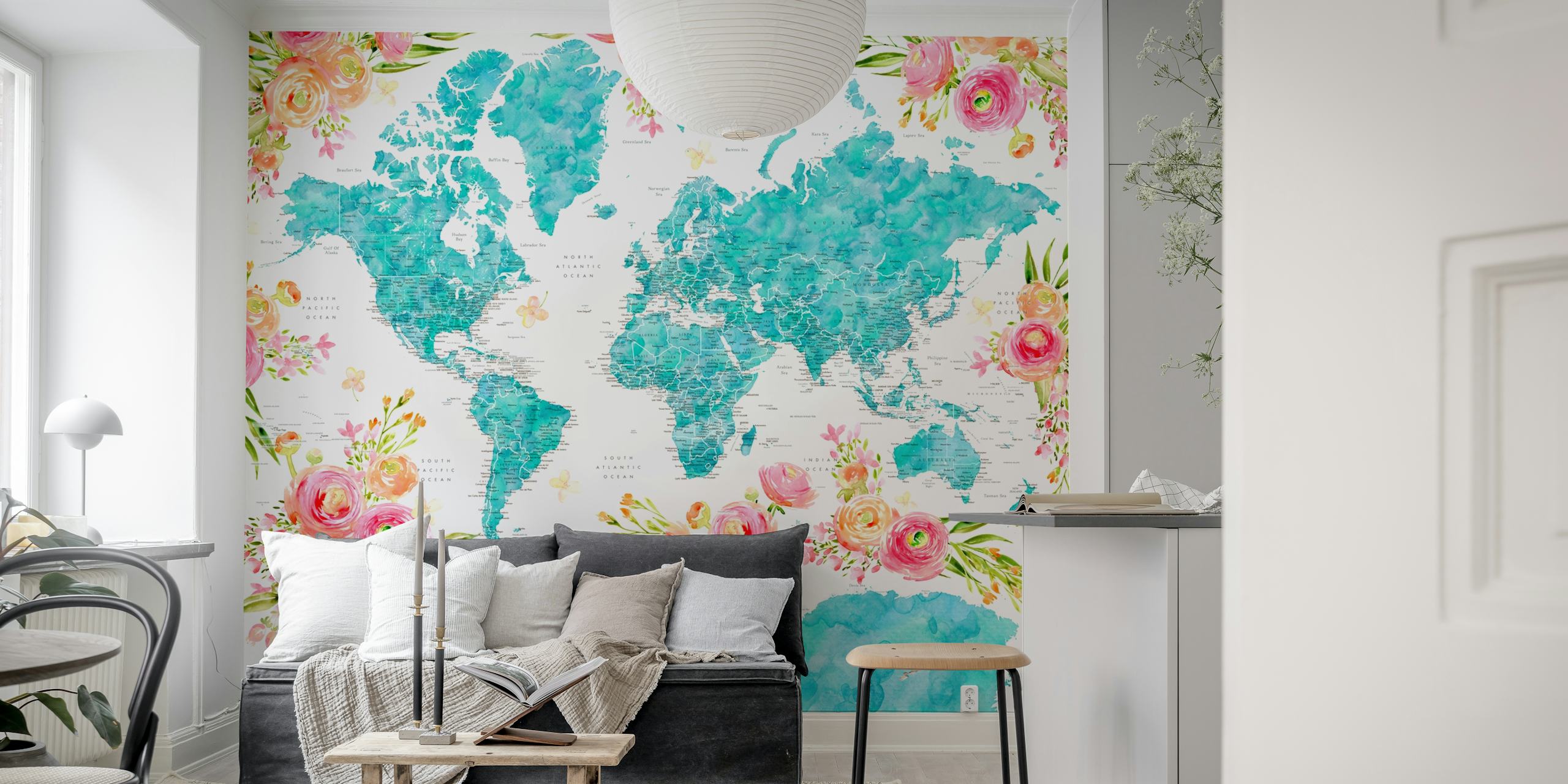 Colorful world map wall mural with floral patterns decorating the continents
