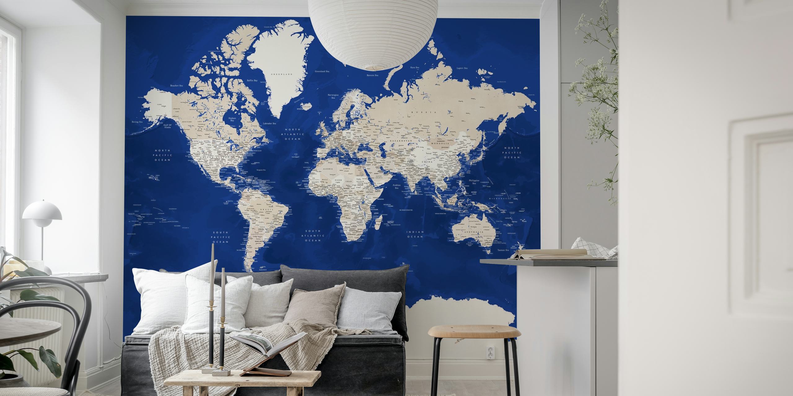 World map in navy blue and beige with geographical details wallpaper