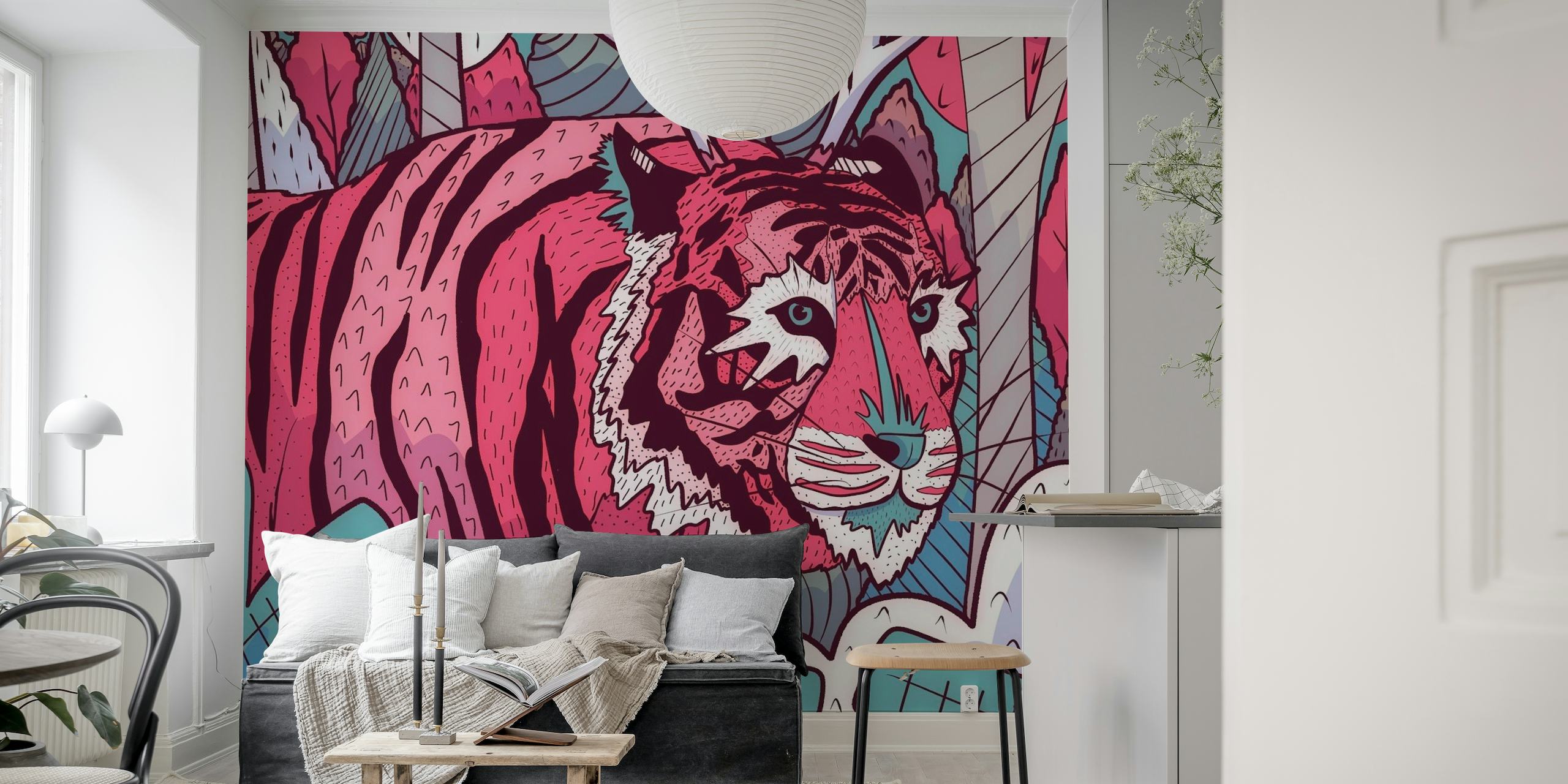 Kuvitettu vaaleanpunainen tiikeri vihreiden lehtien keskellä "Metsän vartija" -seinämaalauksessa