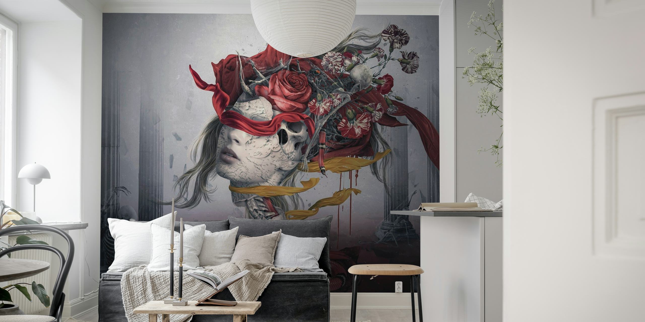 Surrealistinen seinämaalaus hahmosta, jossa on punaisia ruusuja ja savuisia yksityiskohtia vaimennetulla taustalla