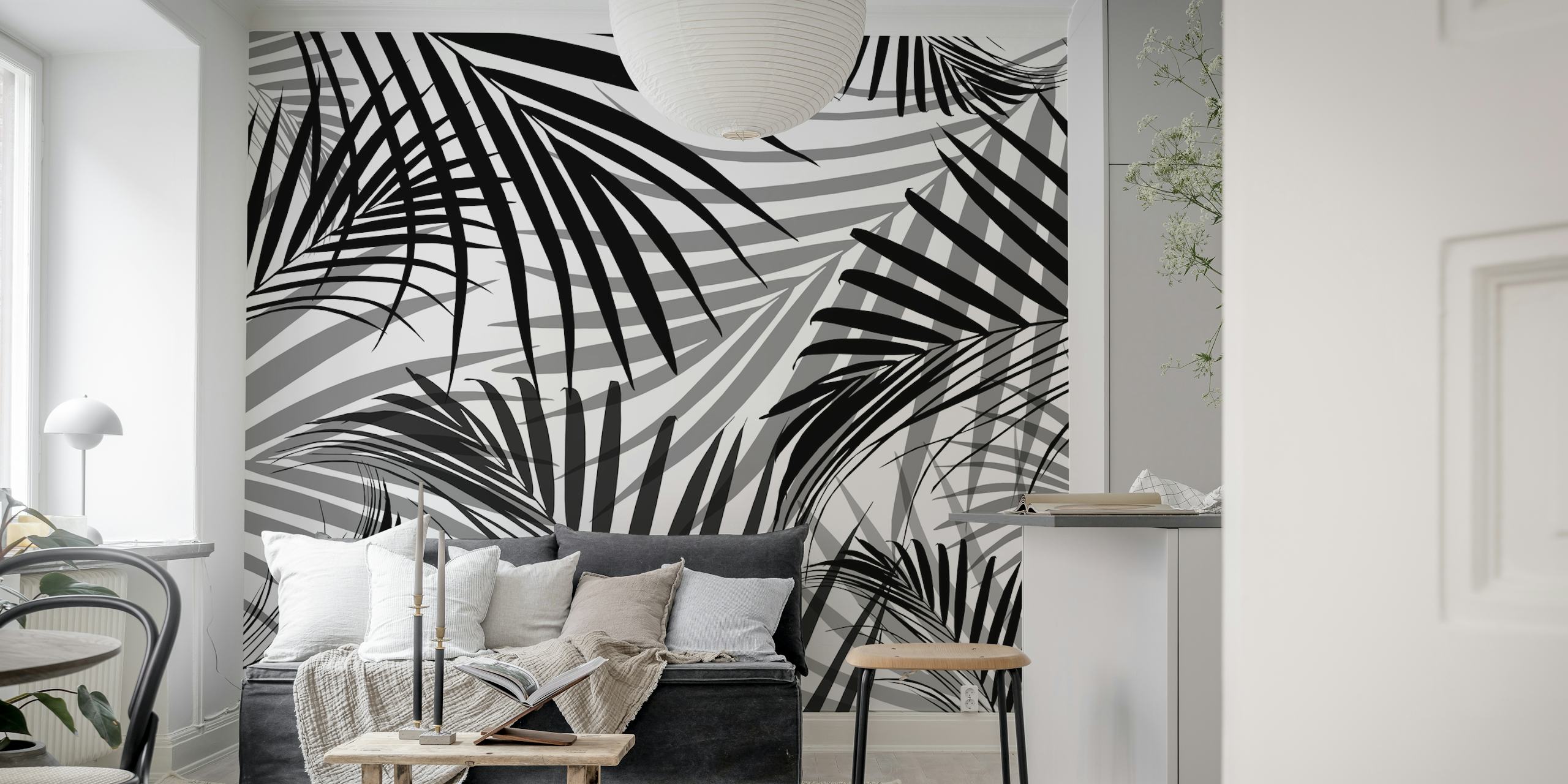 Tropical leaf pattern in black and white wallpaper