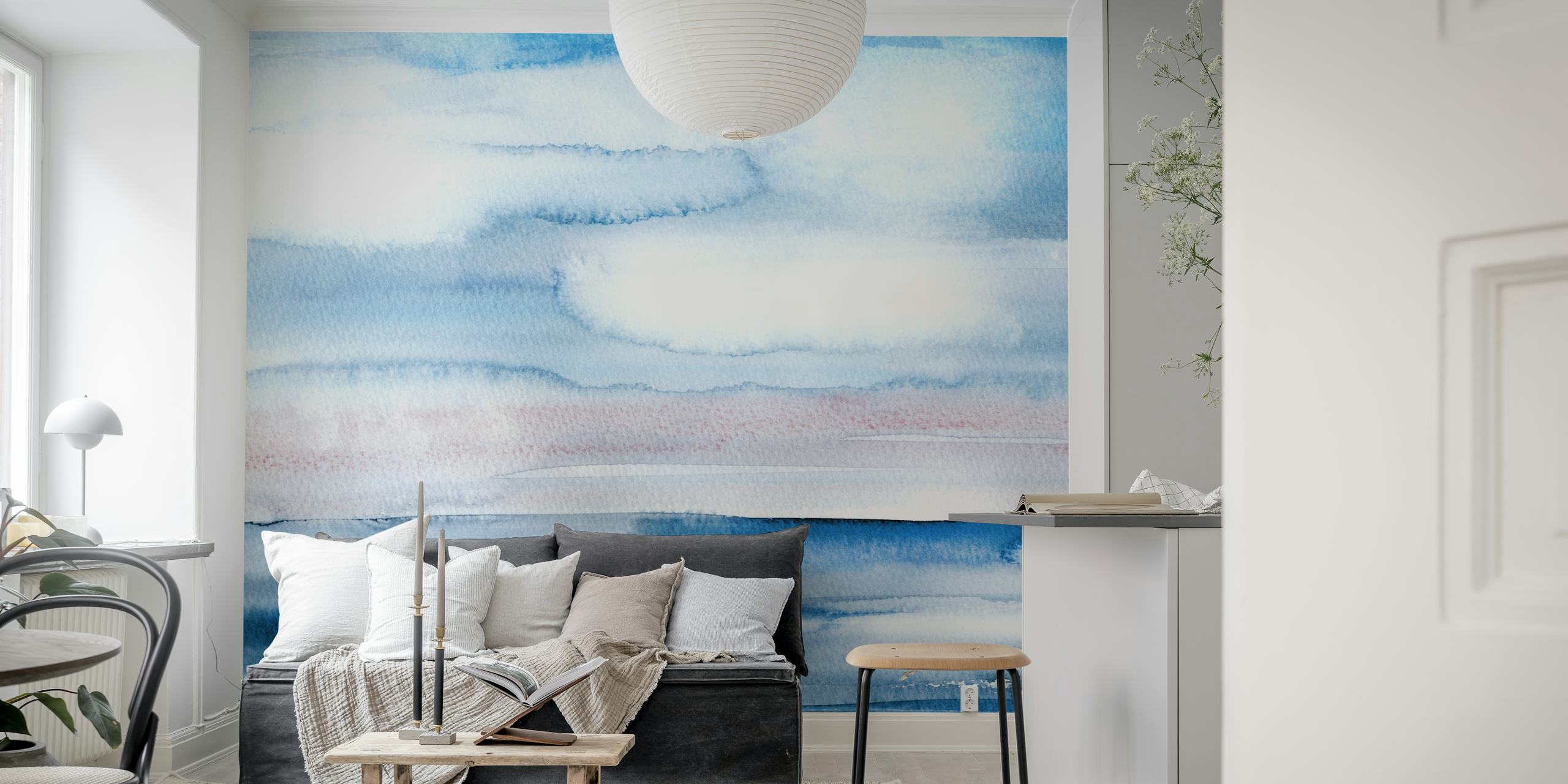 Watercolor blue ocean and sky with soft clouds wallpaper