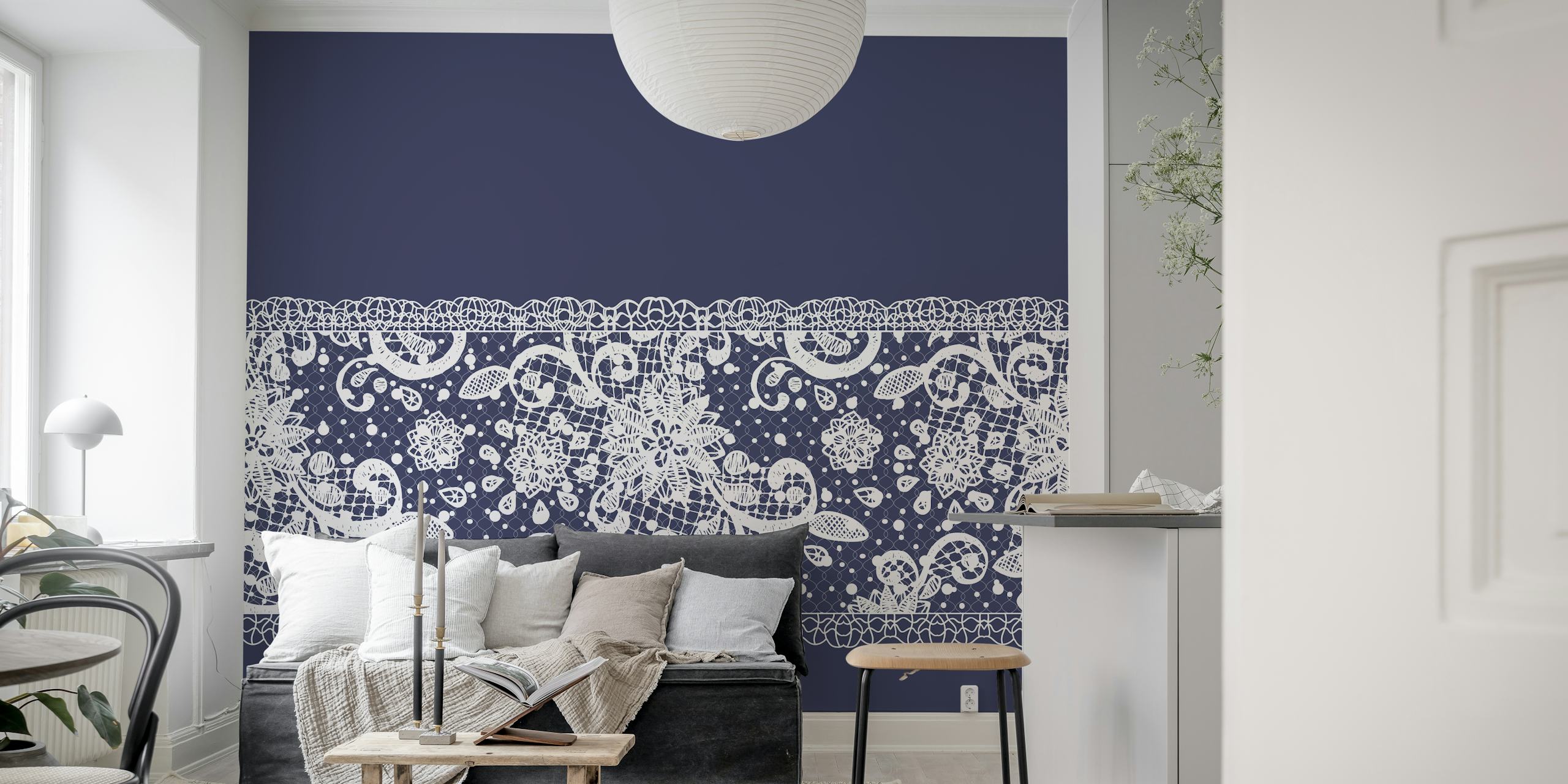 Indigo Blue tapet med hvitt blondermønster