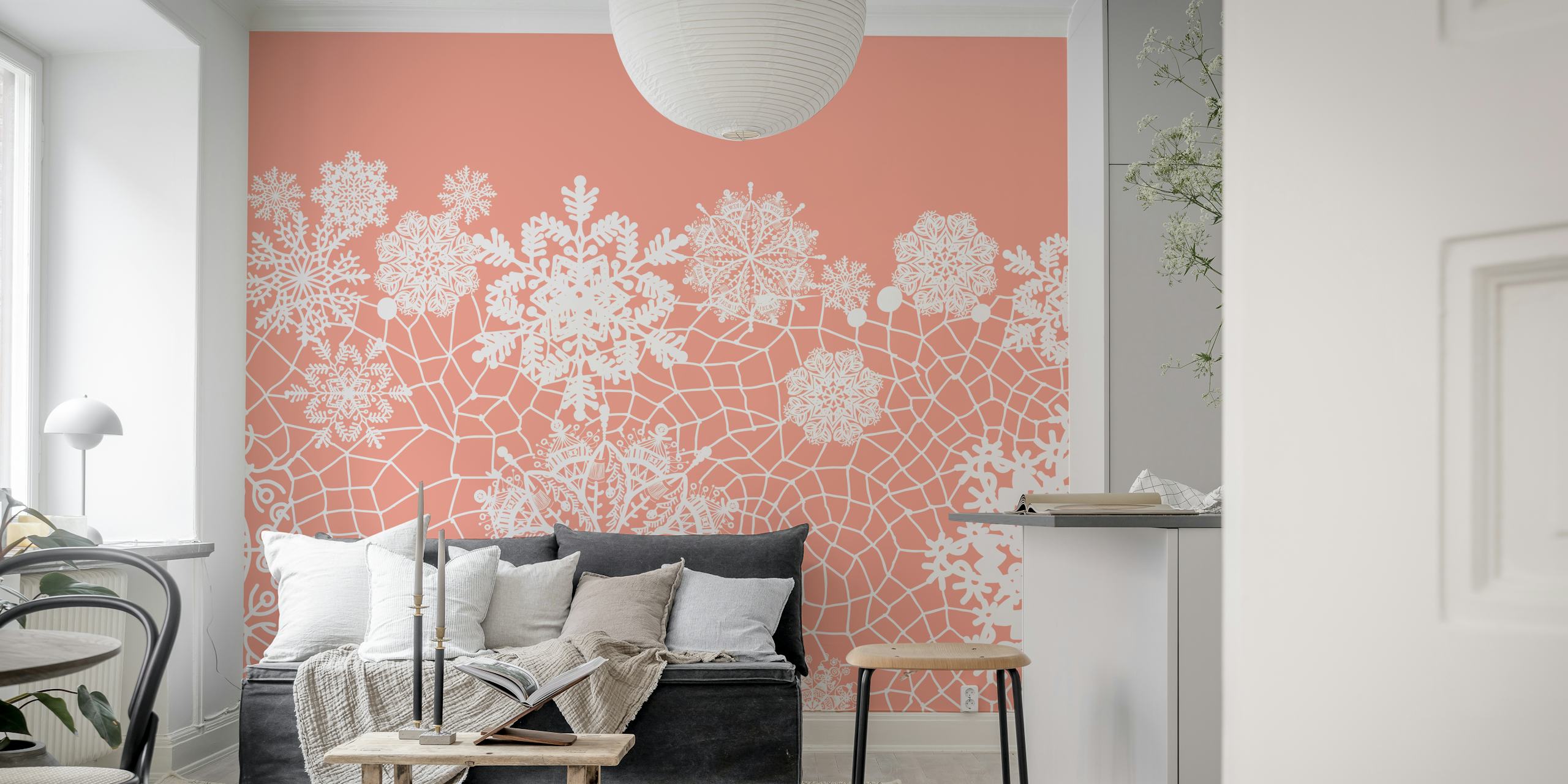Coral pink wallpaper with intricate white lace patterns