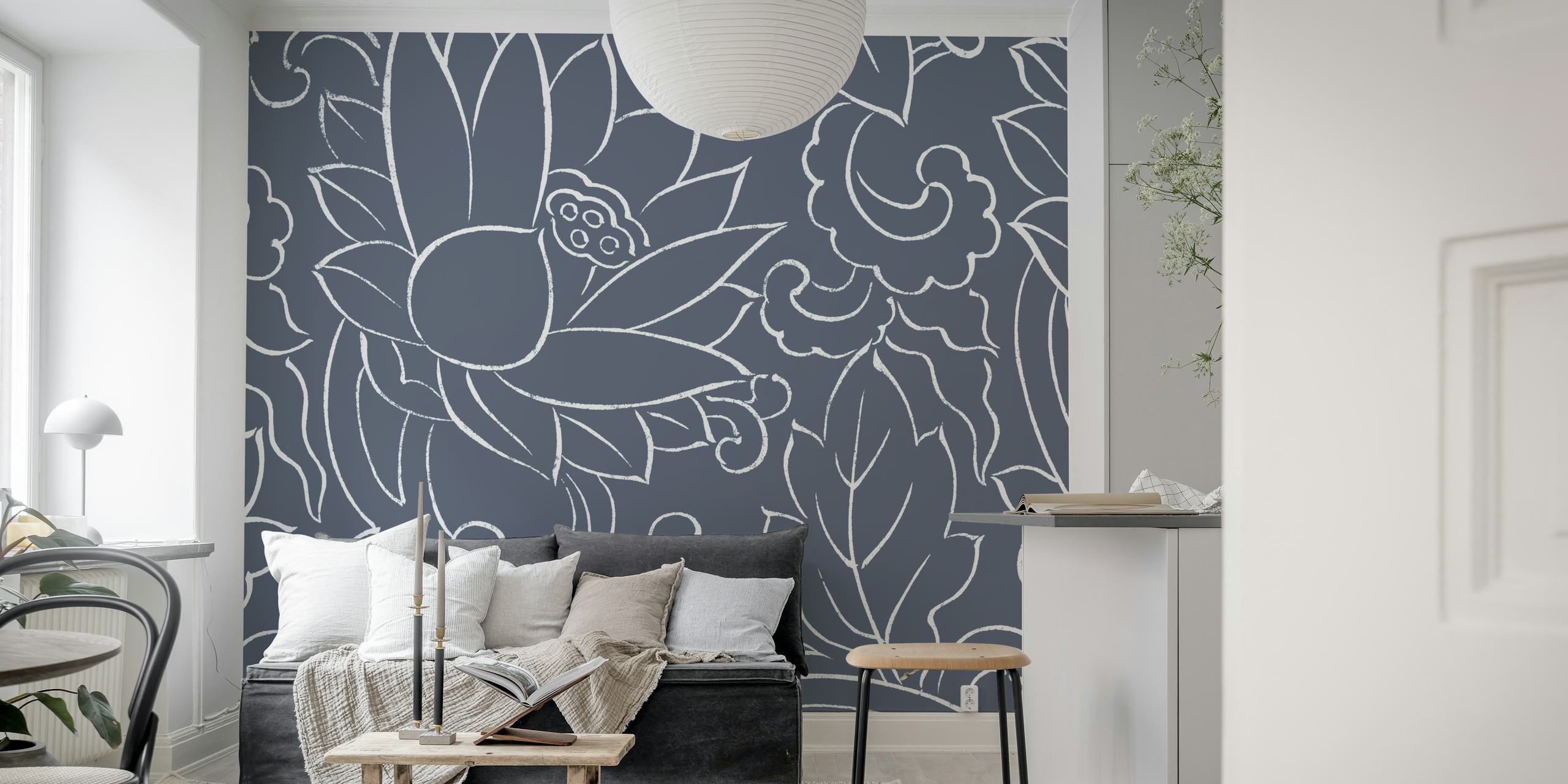 Blue-grey lotus flower wallpaper in a room