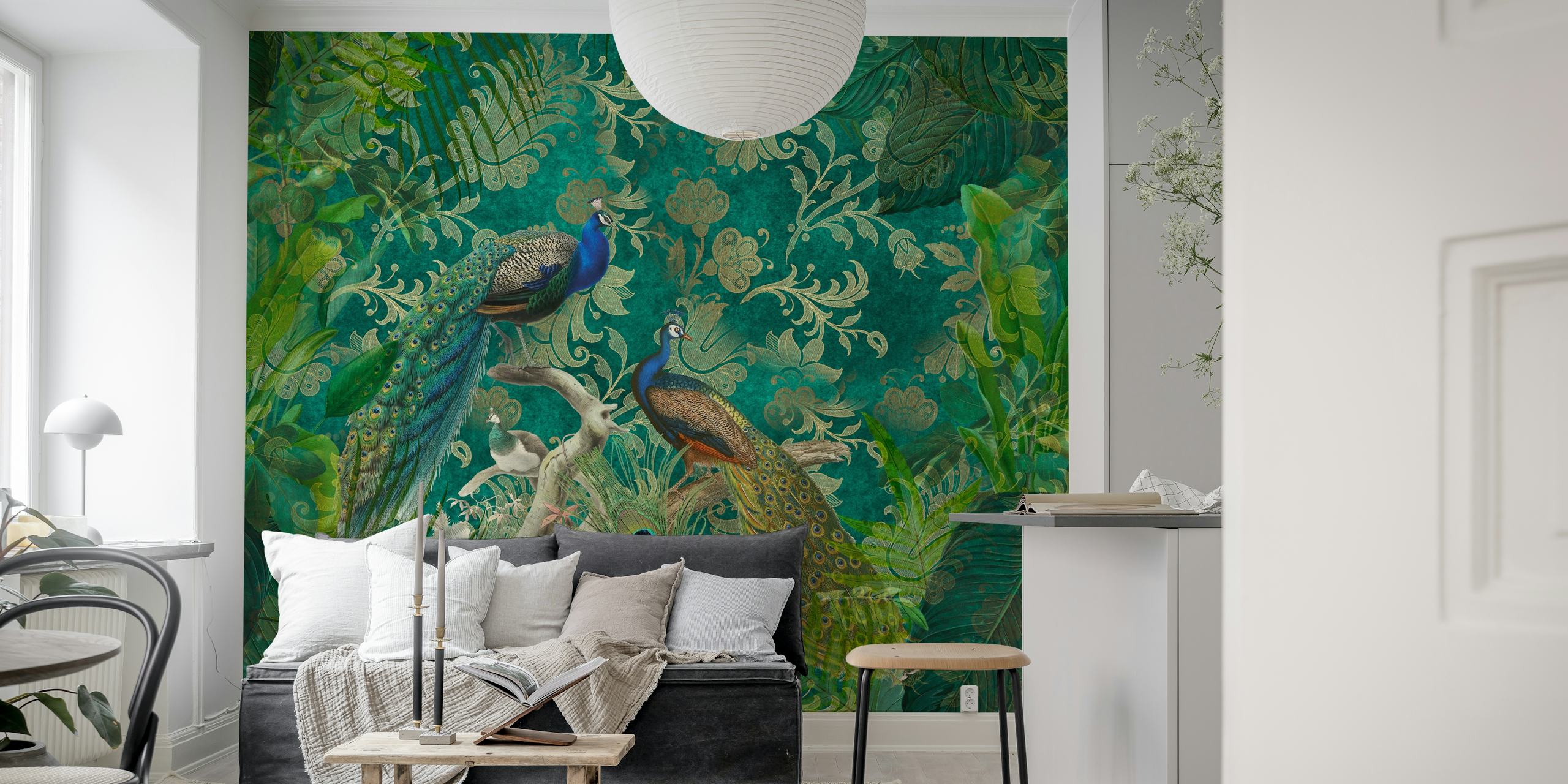Papel de parede que retrata uma floresta tropical havaiana com magníficos Peacocks
