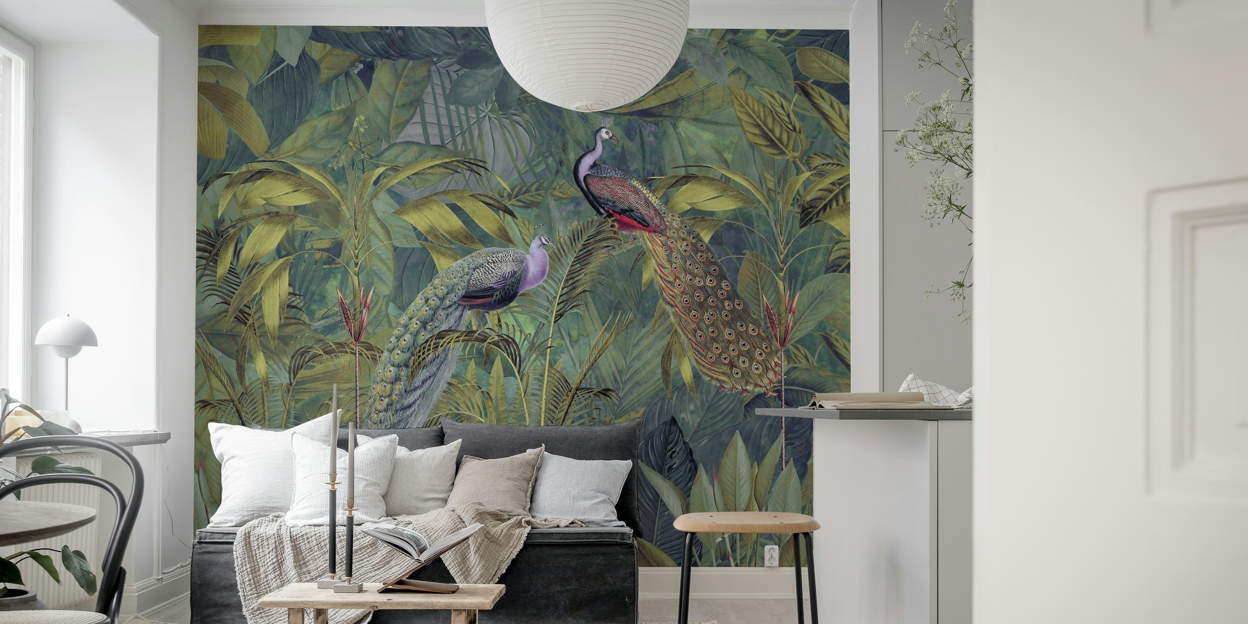 Elegant peacocks amidst tropical foliage in a wall mural