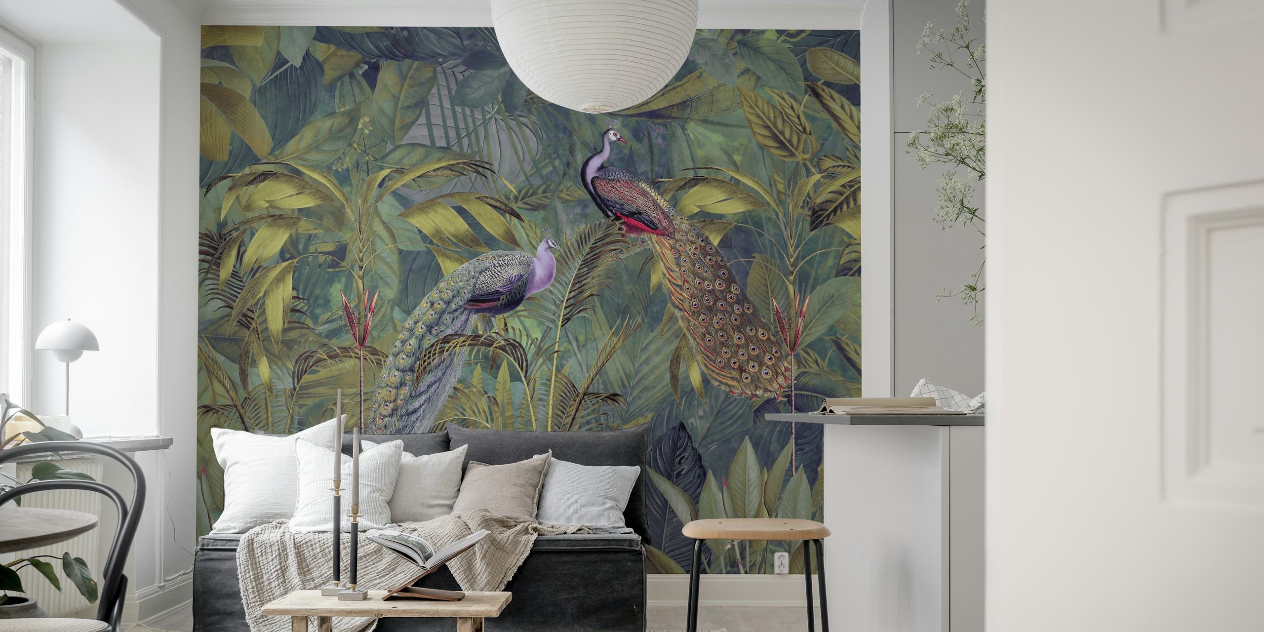 Peacocks among lush green leaves in a tropical design wallpaper
