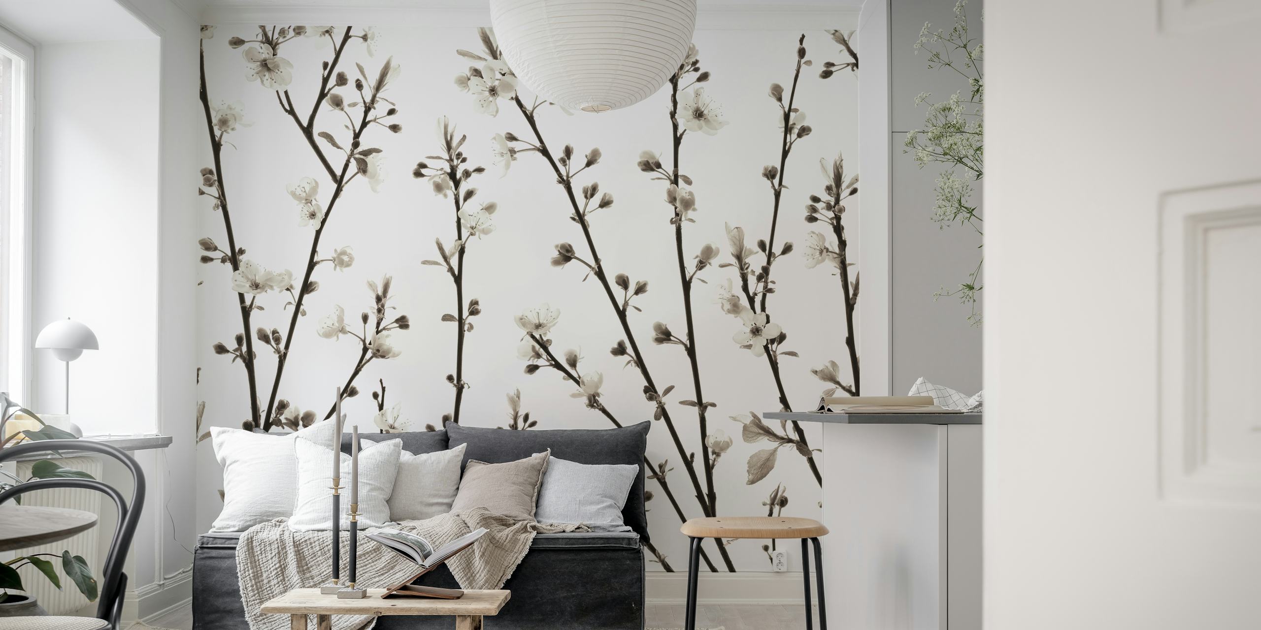 Black and white floral branches wallpaper