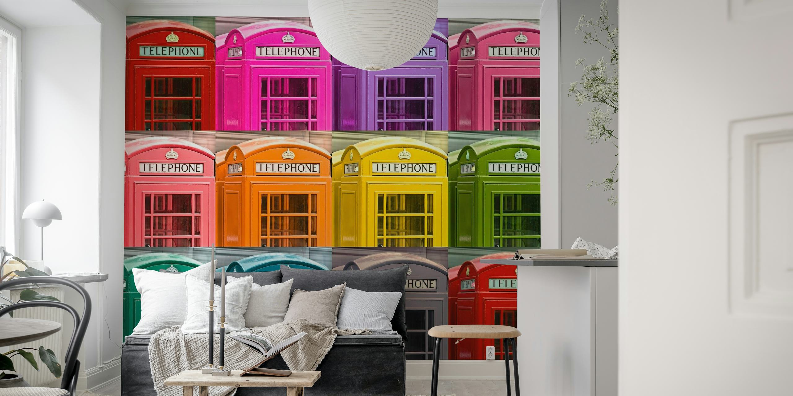 Multicoloured telephone boxes behang