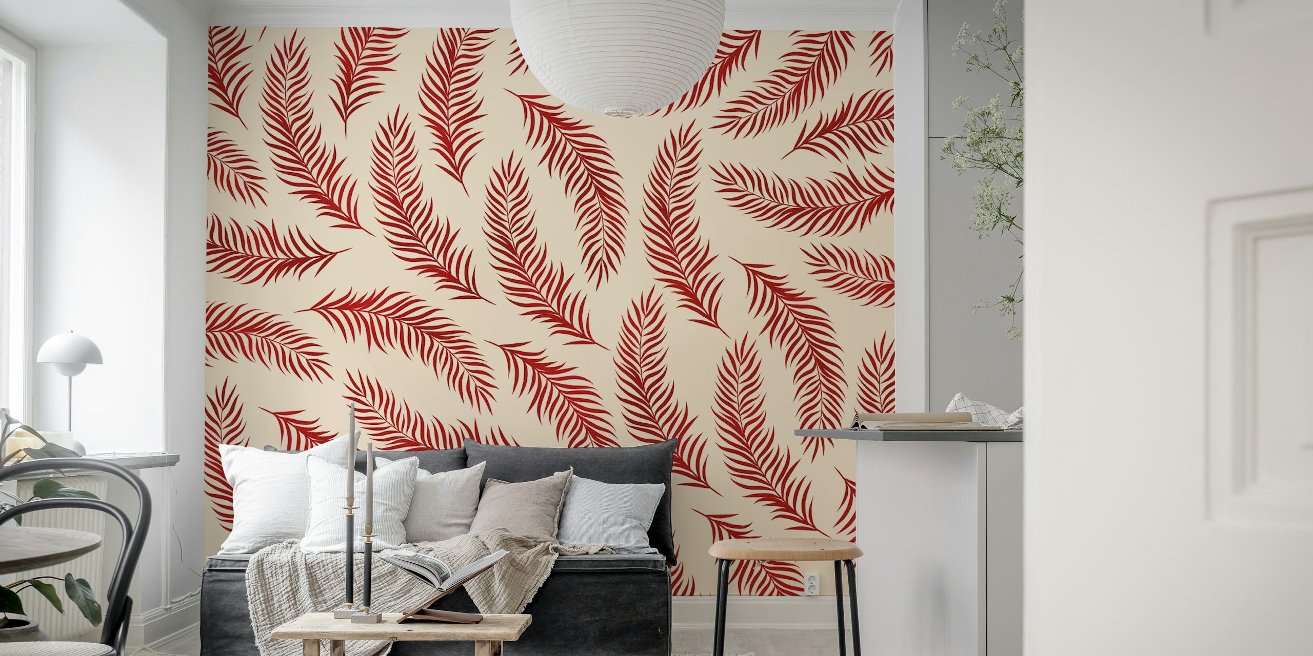 Botanical Red Leaves Tapete an einer Wand präsentiert