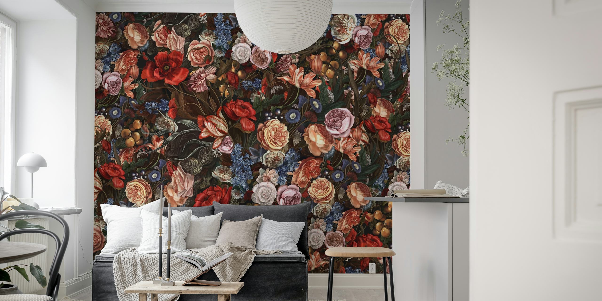 Floral pattern with roses, peonies, and blue flowers on dark background wallpaper