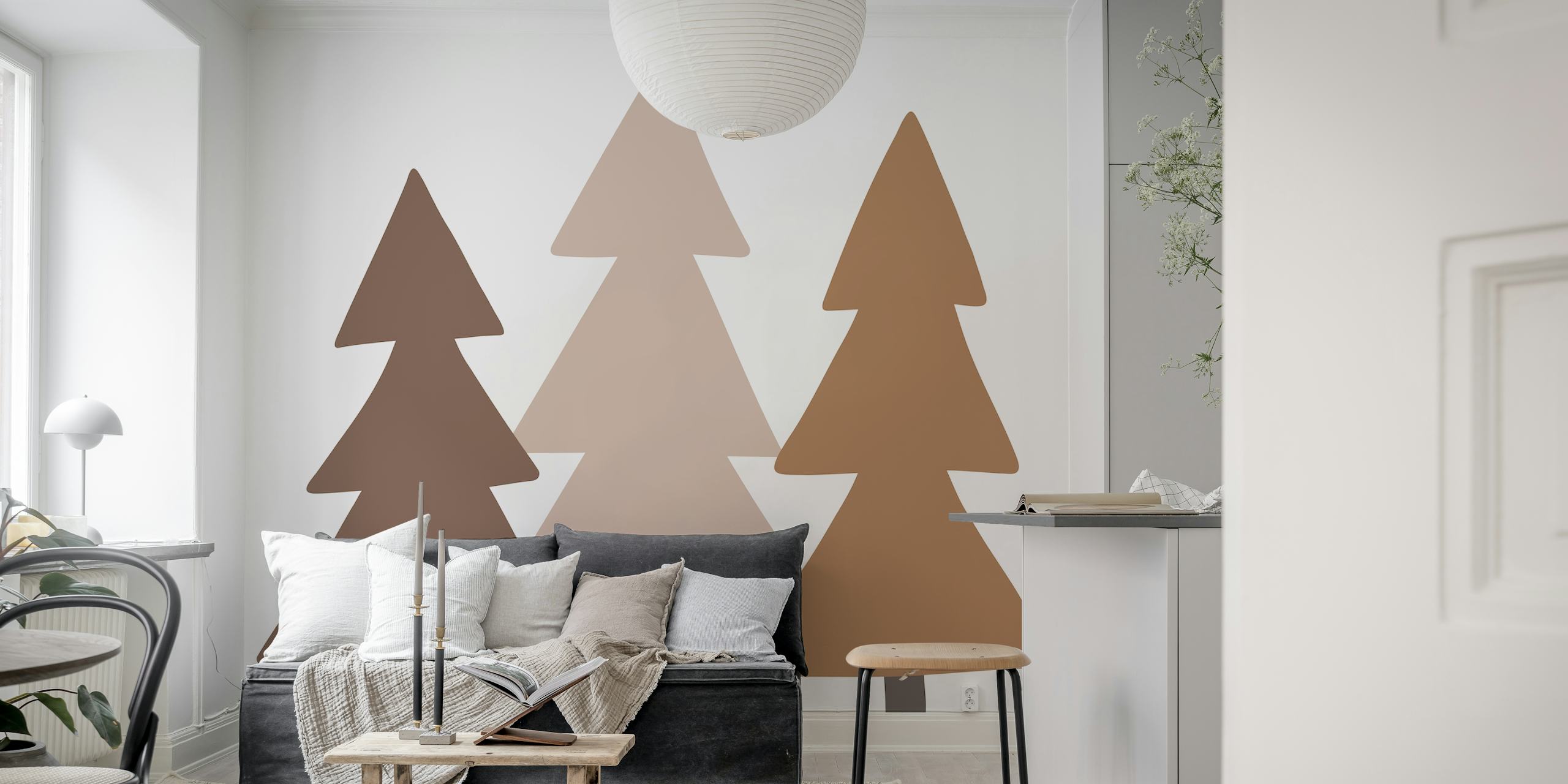 Three stylized brown pine trees in various shades on white wallpaper