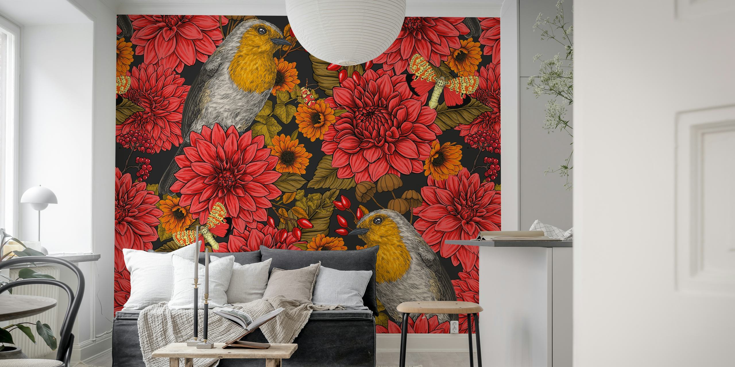 Colorful robins and flowers on a dark background wallpaper