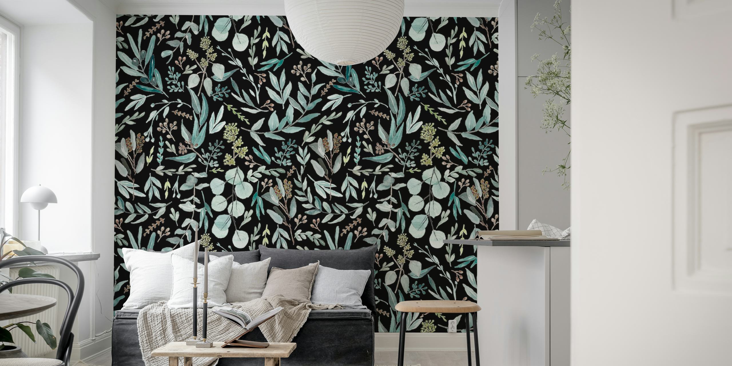 Black floral design with eucalyptus leaves and blossoms wallpaper