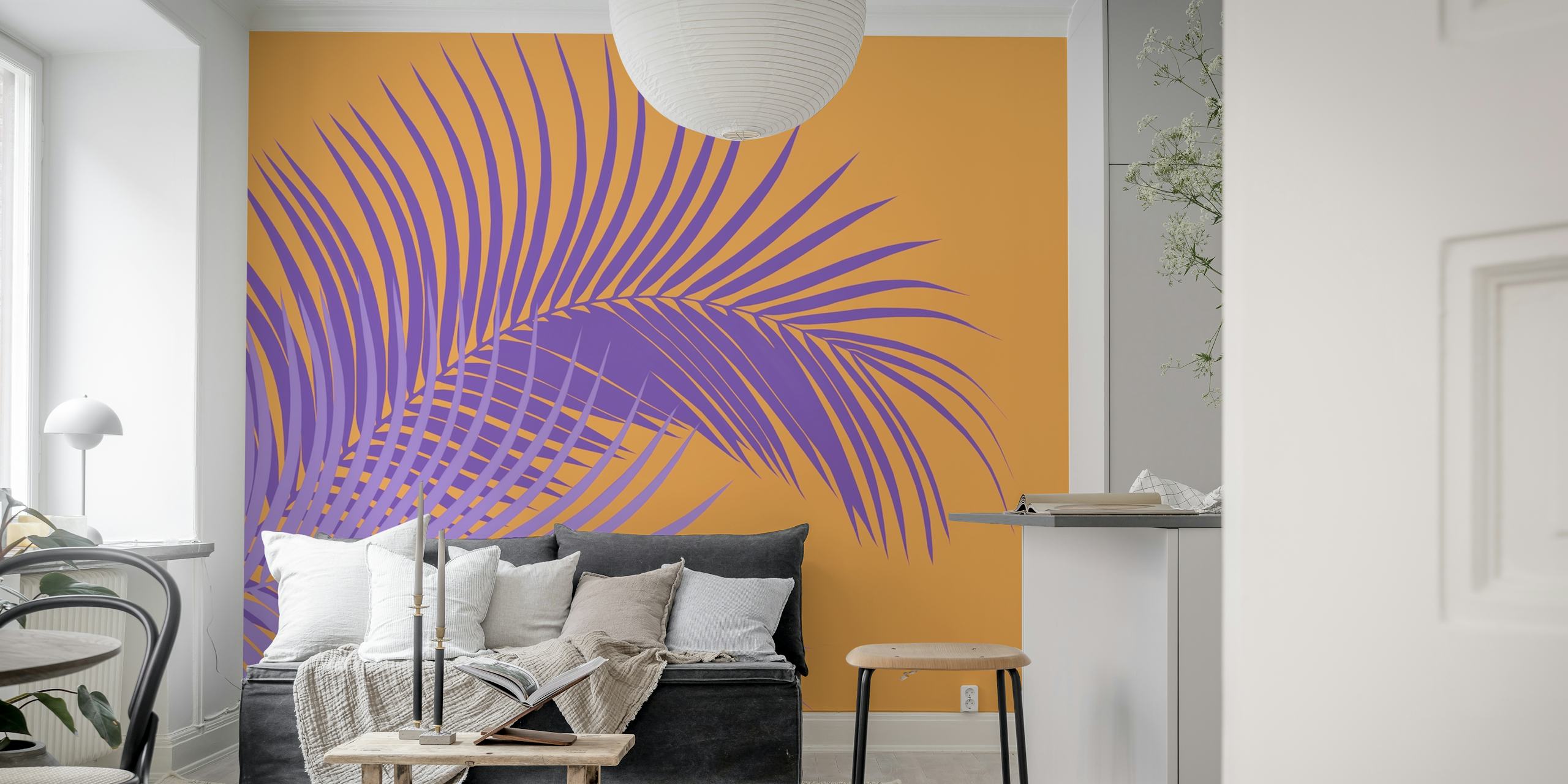 Stiliserede lilla palmeblade på et orange baggrundsvægmaleri