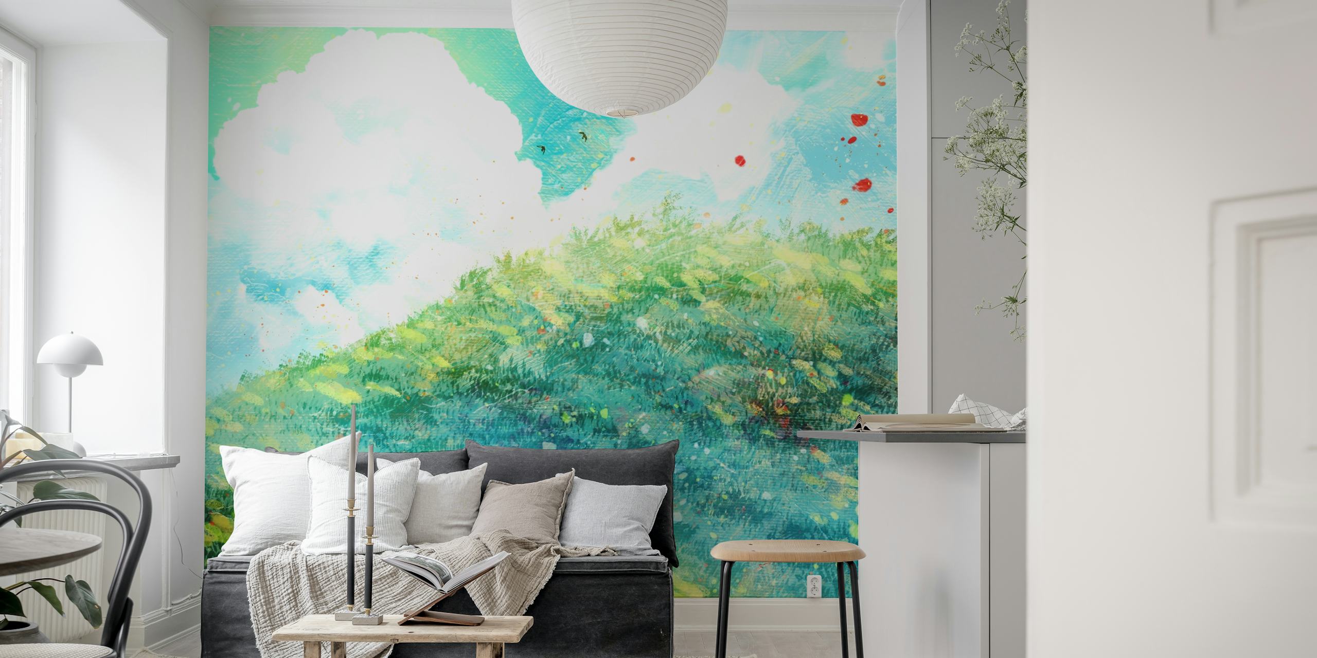 Green meadow hills with lush greenery and blue sky wallpaper