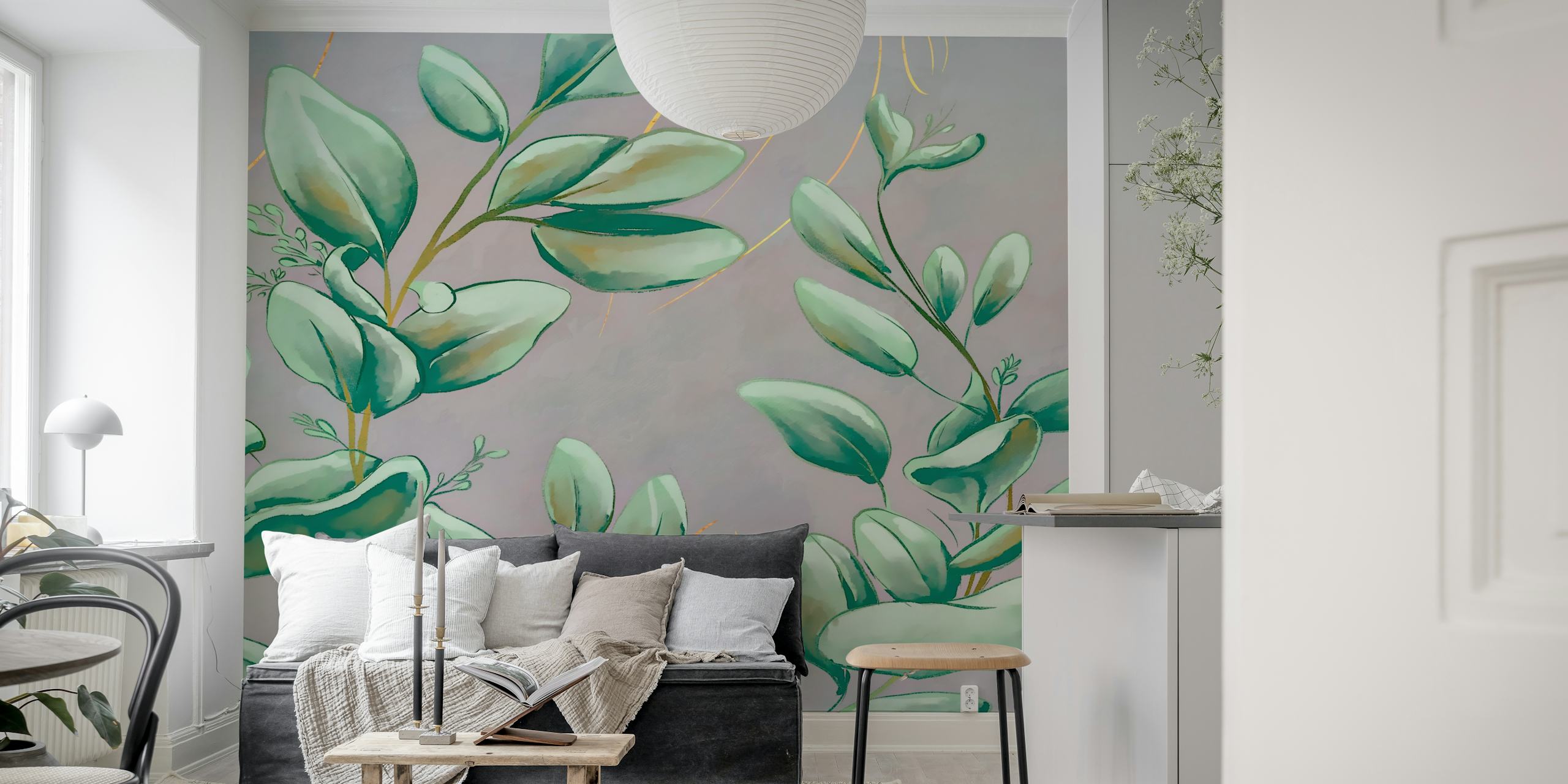 La graffiti verde lascia carta da parati in una stanza