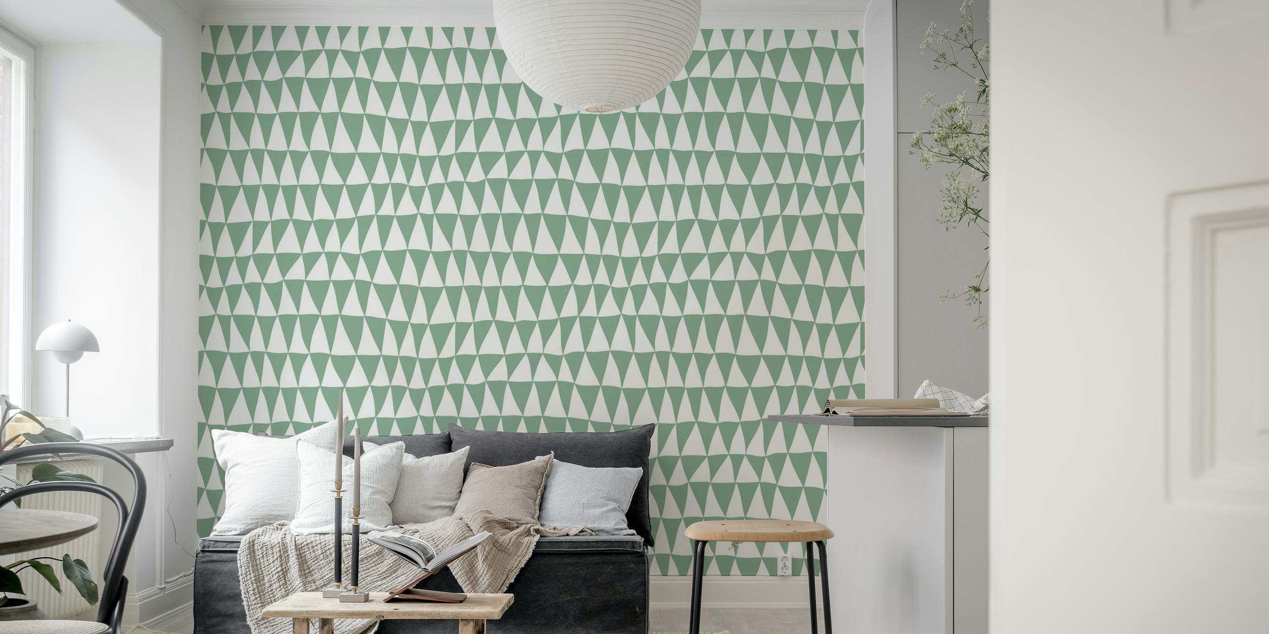 Vihreä ja valkoinen geometrinen kolmiokuvioinen seinämaalaus