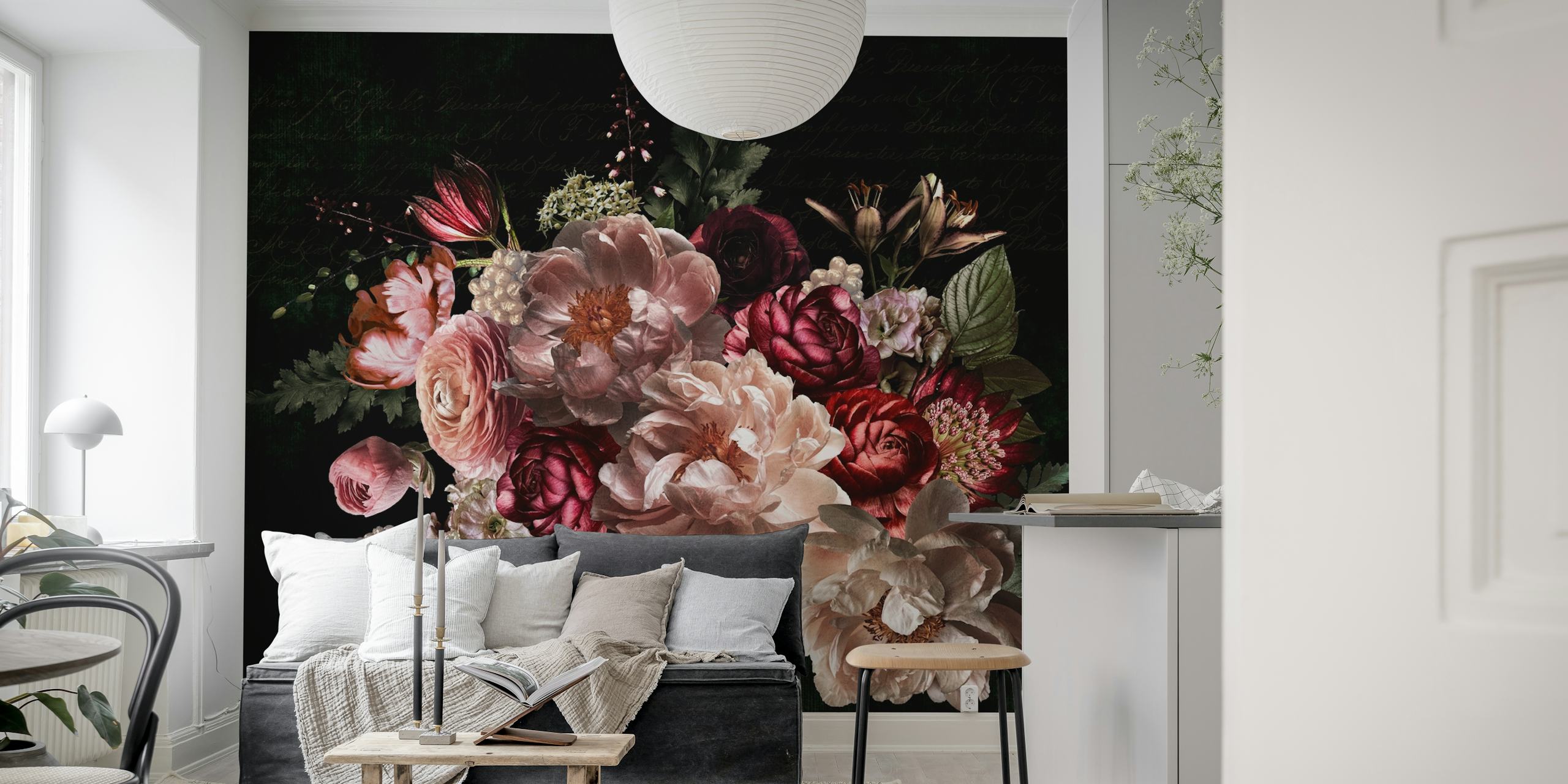Dark floral bouquet wallpaper featuring pink, burgundy, and green flowers