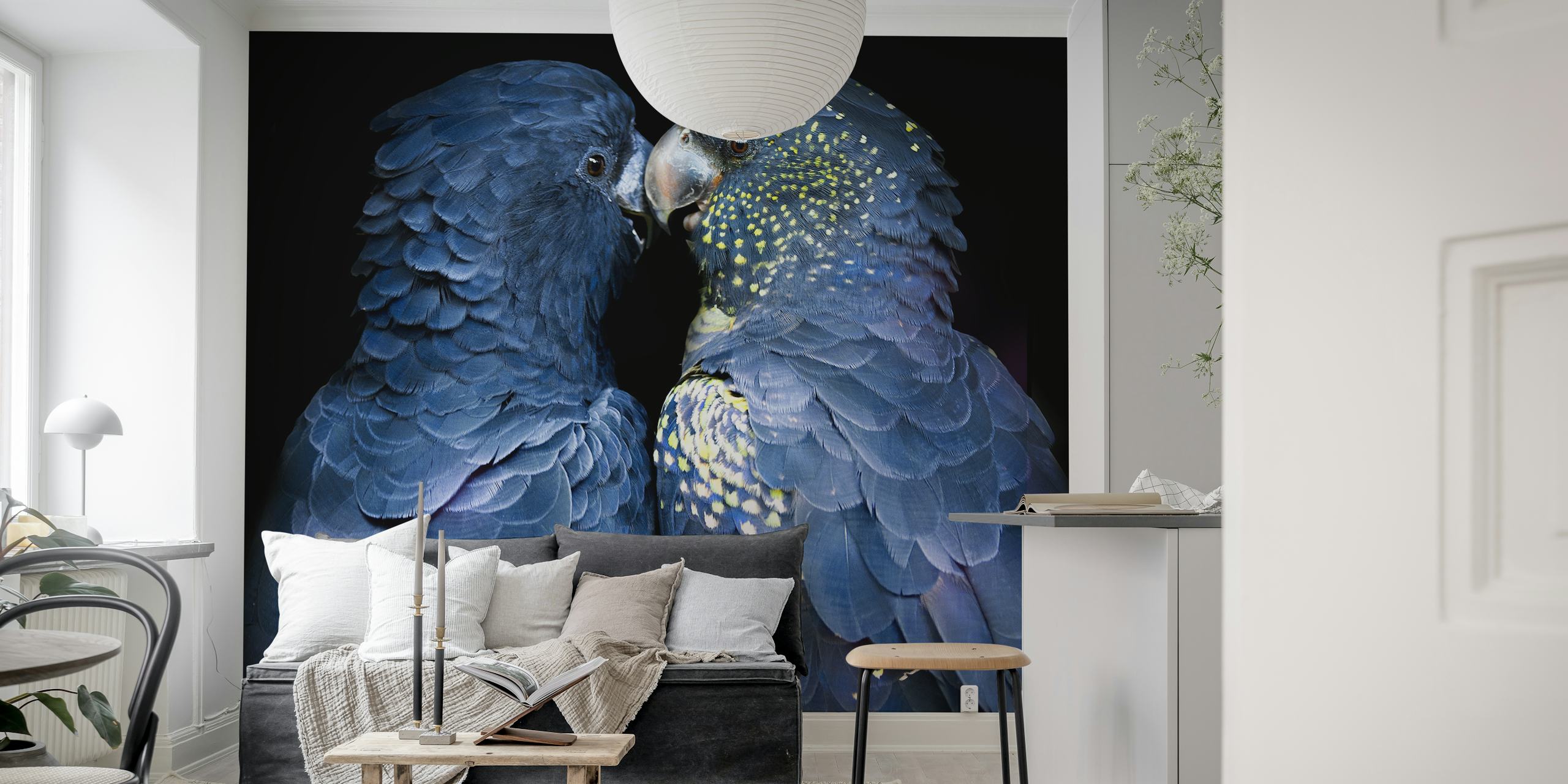 Two navy blue love birds close together with intricate feather detail wallpaper