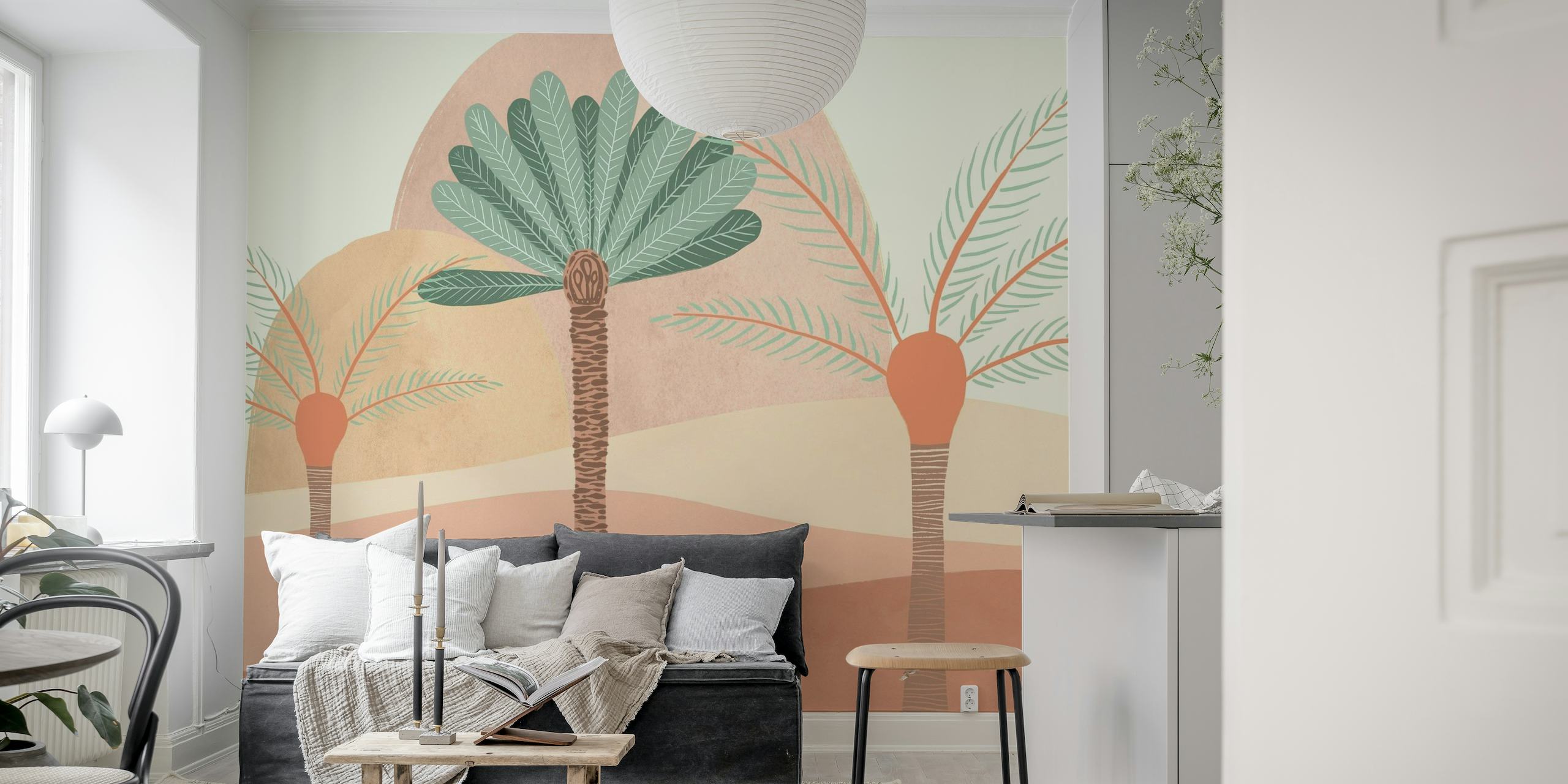 Ruhiges Wüstenwandbild „Peachy Sands“ mit stilisierter Flora in sanften Pfirsich- und Sandtönen.