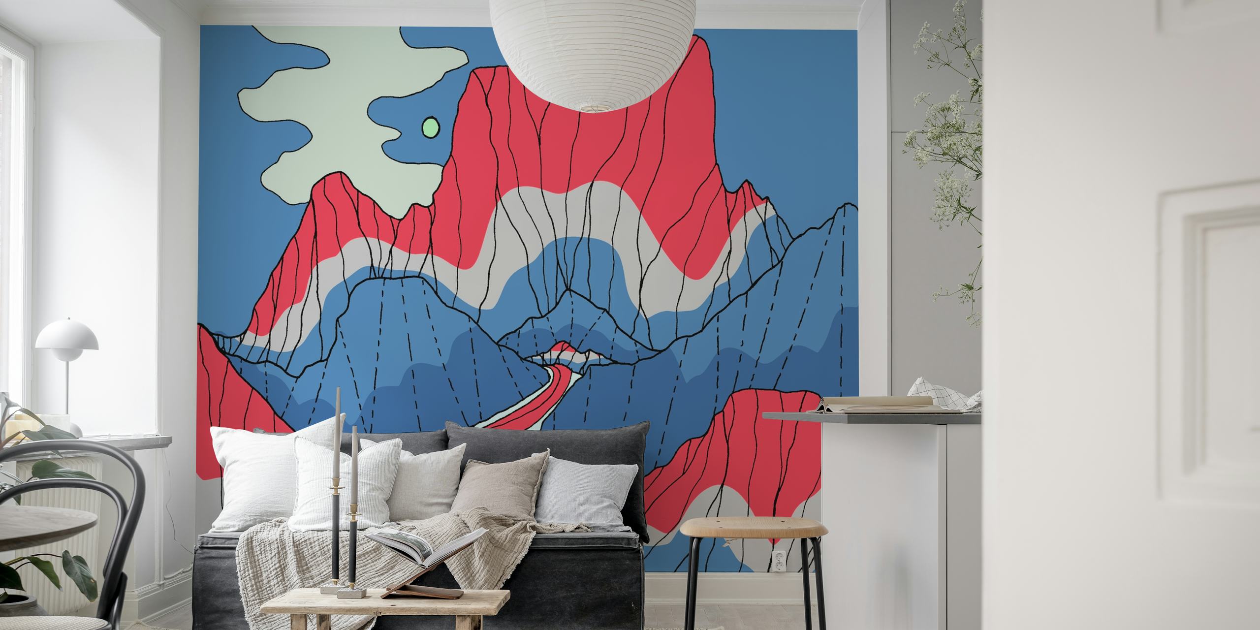 Red white and blue mountain carta da parati in una stanza